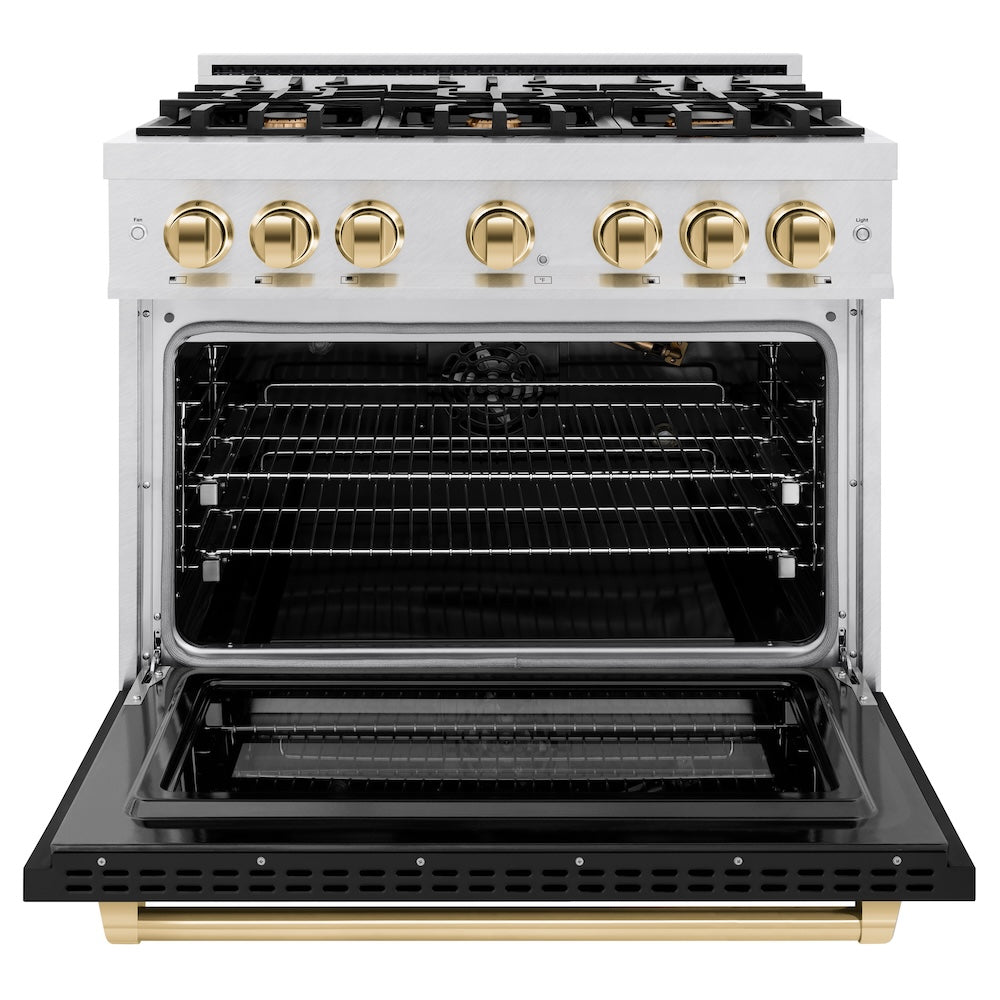 ZLINE Autograph Edition 36 Inch 5.2 Cu Ft Gas Range with 6 Burner Cooktop & Convection Oven - Satin Stainless Steel with Black Matte Door & Gold Accents (HGRSZ BLM 36 G) - Perfect for Modern Kitchens, Home Chefs & Professional Style Cooking
