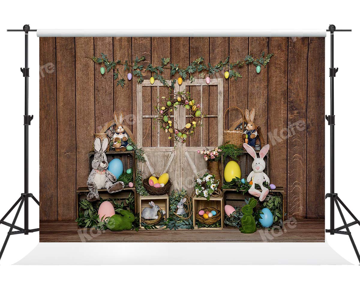 10×6.5ft Easter Photography Backdrop - Dark Wood Door Design with Bunny Rabbit Spring Scene - Happy Easter Photo Studio Background Fabric for Easter Party Decorations & Family Photo Shoots