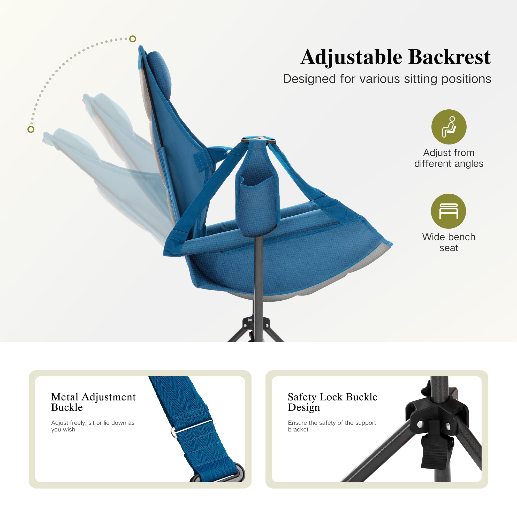Portable Hammock Camping Chair for Adults - Adjustable Back & Swinging Design, Heavy Duty Folding Outdoor Rocking Chair with Cup Holder & High Back Support - Perfect for Backyard, Beach, Camping & Patio Relaxation (Blue)