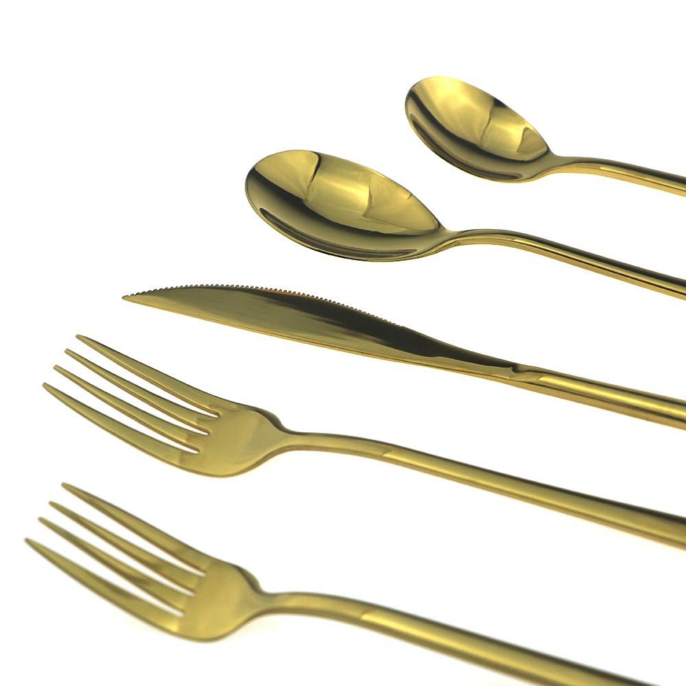 JASHII Mirror Polished Gold 30-Piece SUS304 Stainless Steel Flatware Set - Dinner Knife, Fork, Spoon, Dessert Fork & Salad Spoon for 6 People - Elegant Tableware for Fine Dining, Wedding Gifts & Home Entertaining