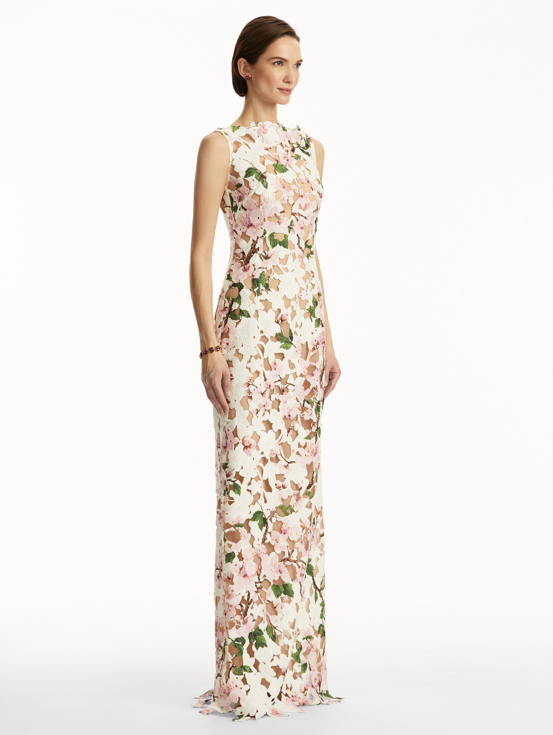 Elegant Cherry Blossom Guipure Lace Evening Gown - Floral Embroidery Formal Dress for Prom, Wedding & Special Occasions