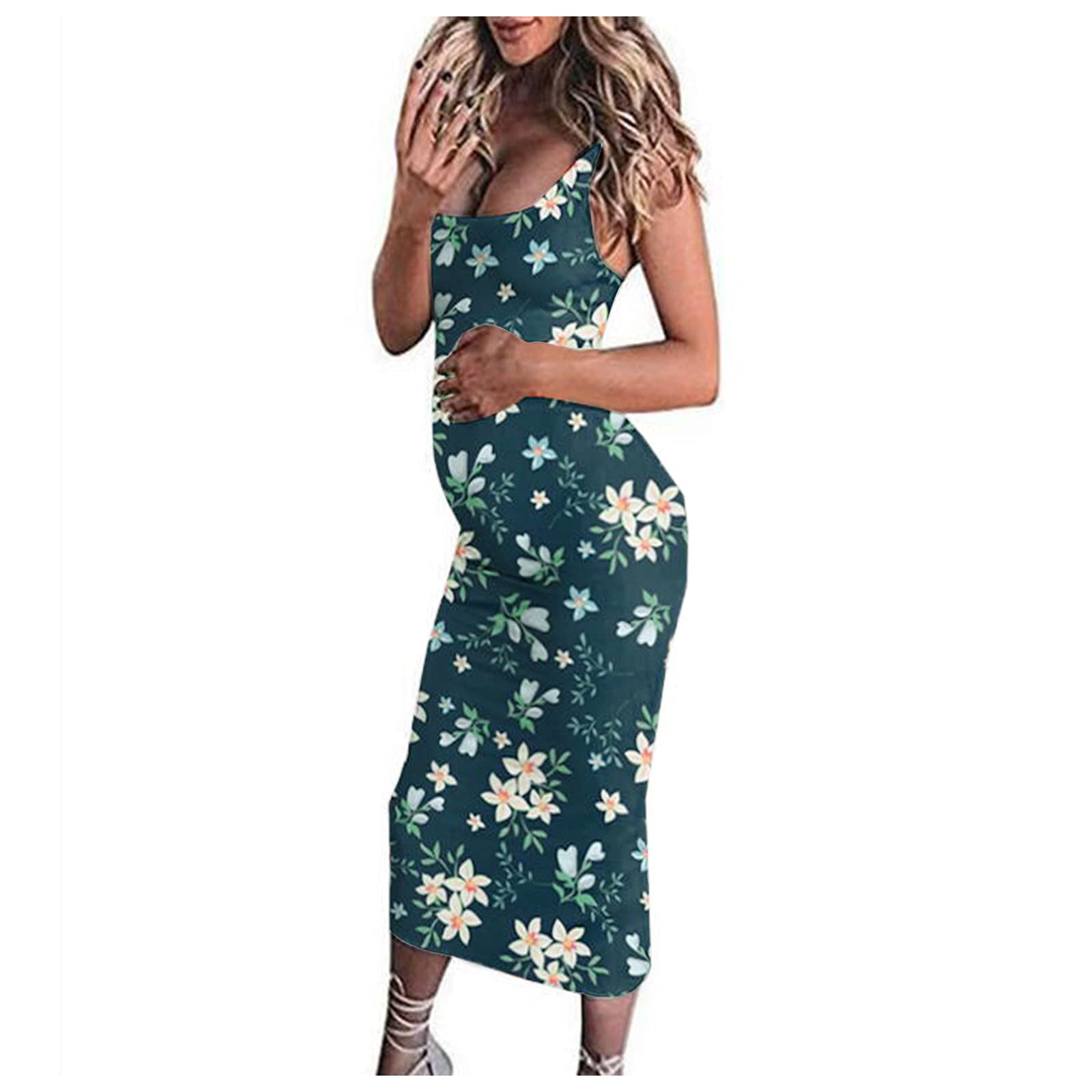 **Women's Maternity Dress - Sleeveless Round Neck Vest Dress with Floral Print, Casual Green Summer Dress for Pregnancy (Size S) - Perfect for Maternity Photos, Baby Showers & Everyday Comfort**