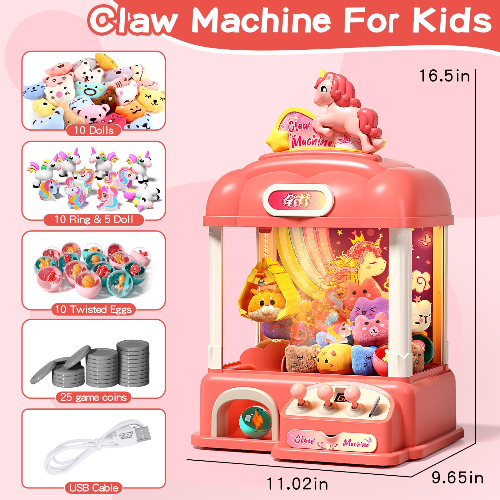 Mini Claw Machine for Kids - Electronic Candy Vending Grabber Game with Lights & Sound, Prize Dispenser Toy for Boys & Girls Birthday Parties (Includes 35 Prizes & 25 Game Coins) - Perfect for Birthday Gifts, Arcade Fun, and Family Game Nights