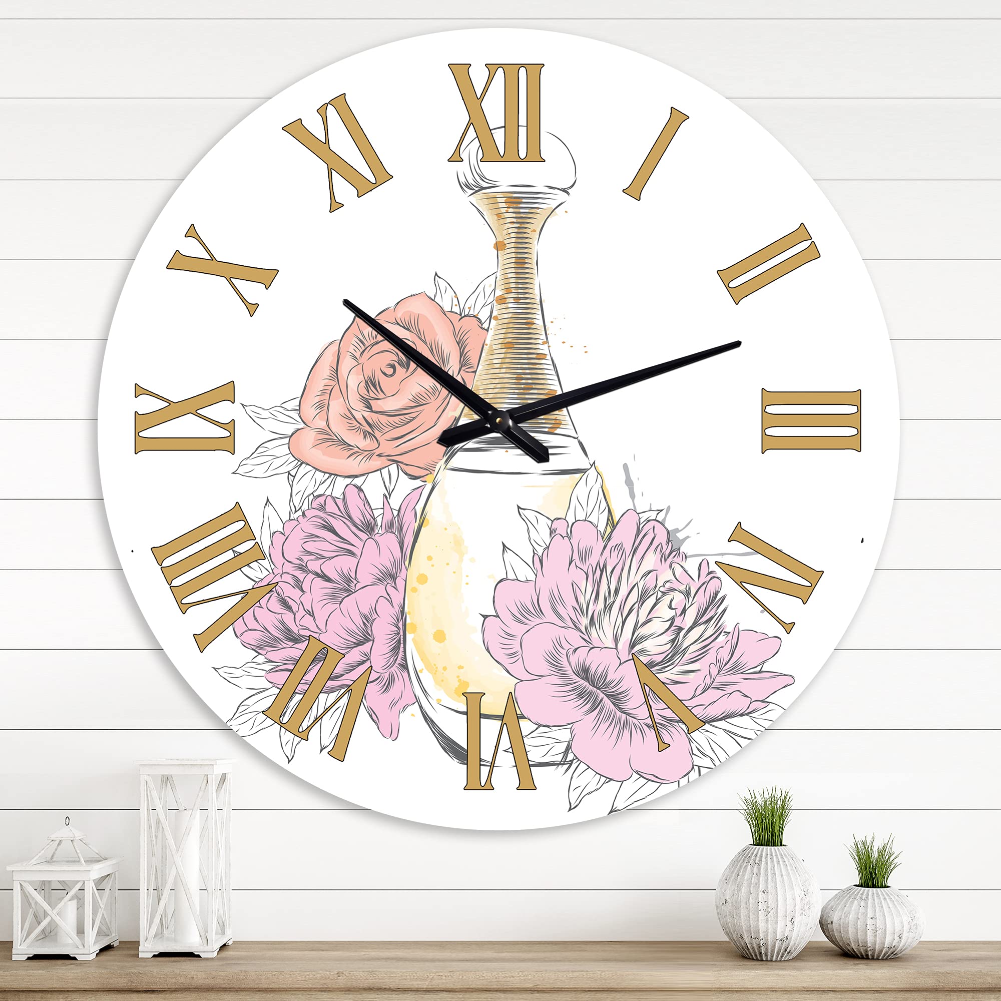 Vintage Perfume Bottle & Floral Bouquet Wall Clock - Large Decorative Home Wall Clock for Living Room, Bedroom & Office Decor