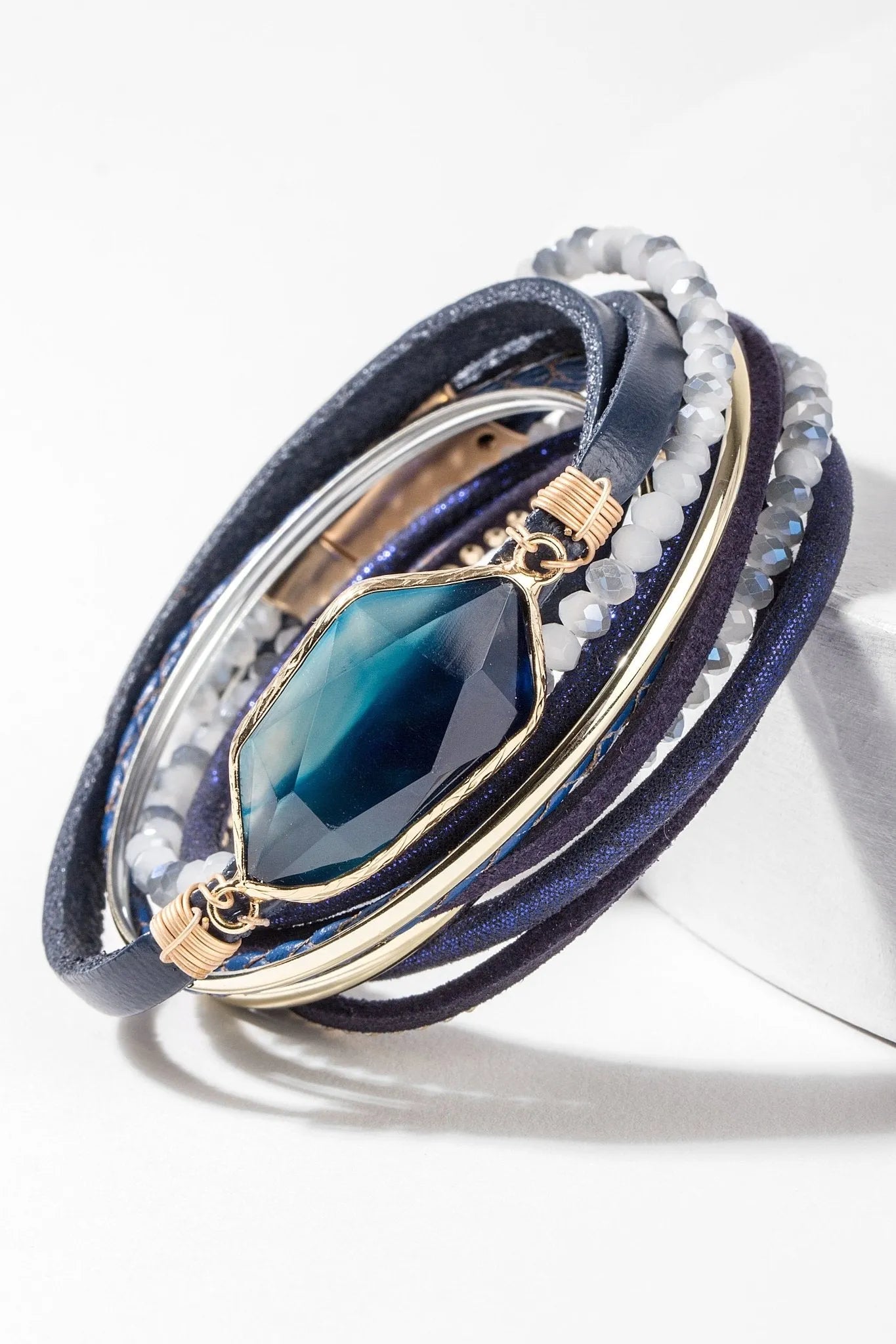 Navy Blue Stone Crystal Leather Bracelet for Women - Boho Chic Adjustable Wrap Bracelet for Everyday Wear & Gift Giving