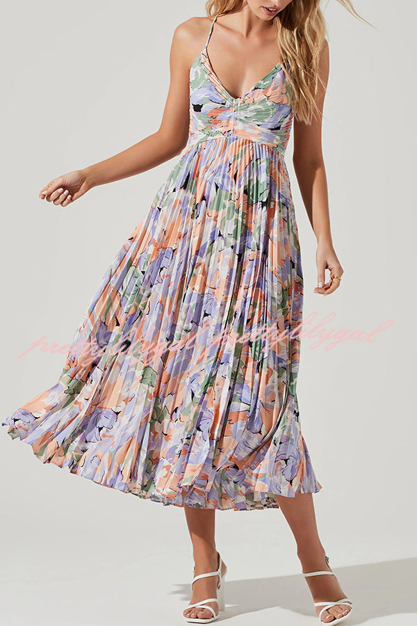 Floral Print Pleated Midi Dress with Back Tie Detail - Perfect for Wedding Parties, Bridal Showers & Summer Events