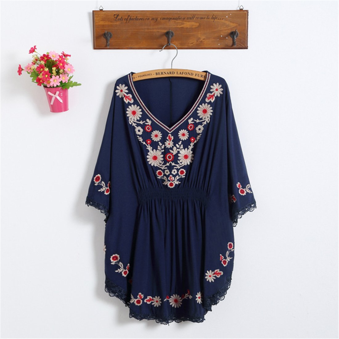 Kafeimali Women's Casual Batwing Peasant Top - Mexican Embroidery Blouse for Boho Chic Style | Perfect for Summer Outfits, Vacations & Festivals