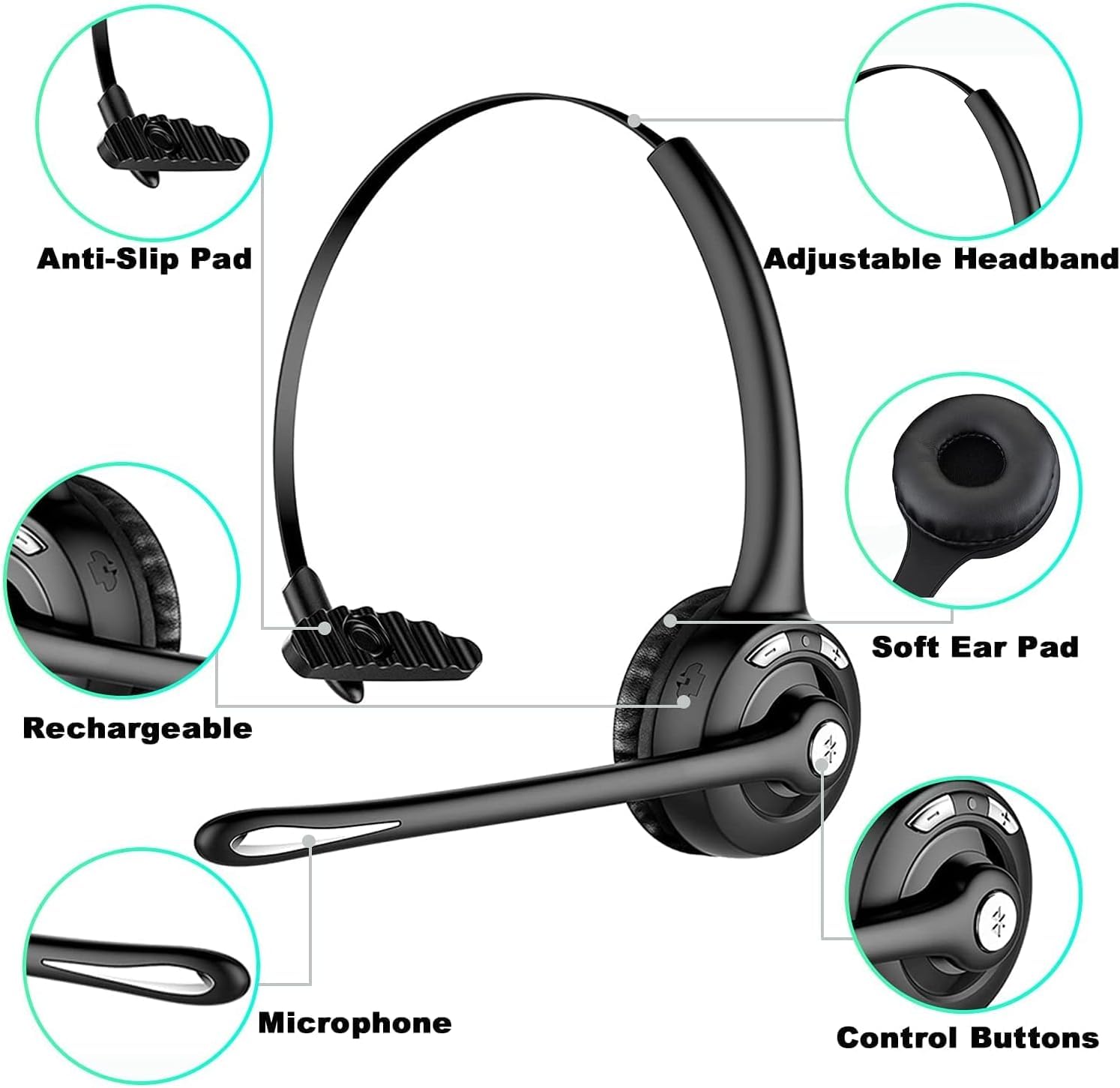 Best Trucker Bluetooth Headset with Noise-Canceling Mic - Wireless On-Ear Headphones for Phone Calls, Office, Call Center & Skype - Perfect for Truck Drivers, Remote Work & Customer Service