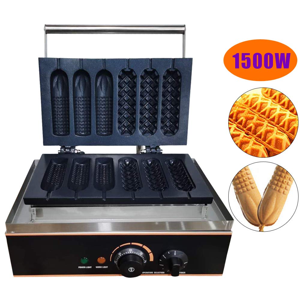 Commercial Electric Waffle Maker Machine - 6PCS Nonstick Plates for Crispy Waffles, Paninis & Hash Browns - 1500W Stainless Steel Hot Dog & Sausage Maker - 110V Household Waffle Cone Baker (Perfect for Restaurants, Cafes & Home Breakfast)