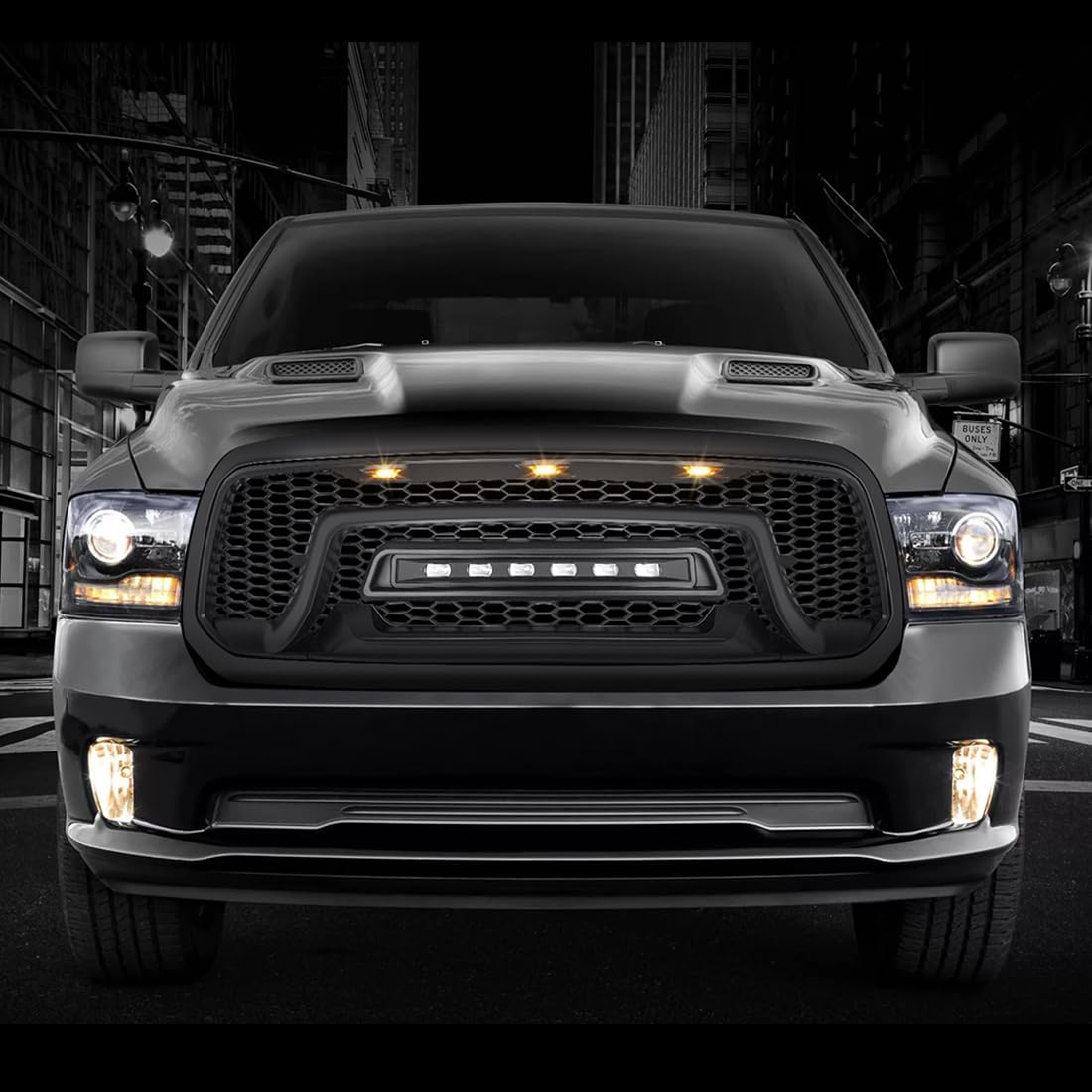 **Matte Black Front Grille for 2013-2023 Dodge Ram 1500 & Ram 1500 Classic | Off-Road Bumper Grill with LED Lights | Perfect for Off-Roading & Truck Customization**