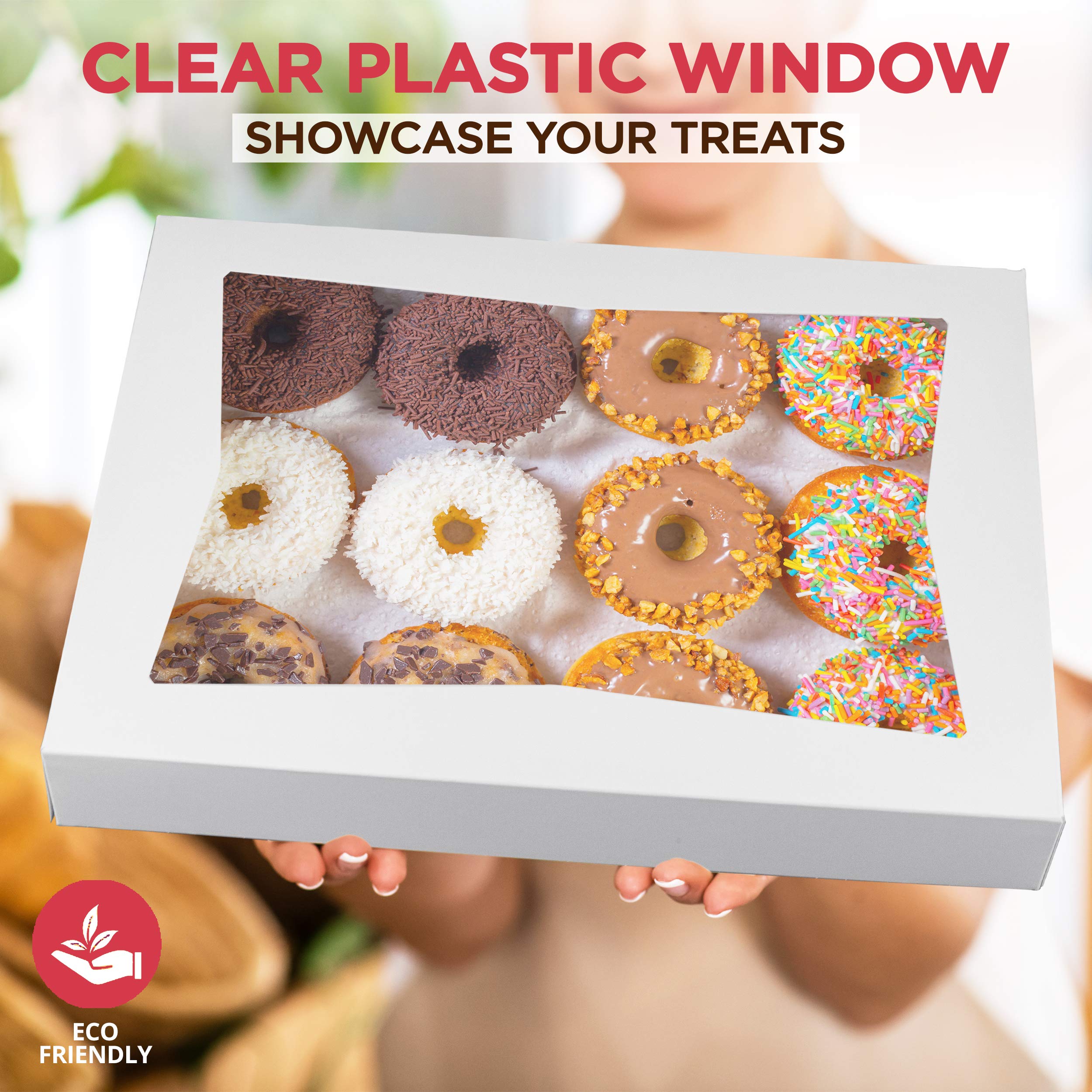 100 Pack 16x12x2.25 Inch White Bakery Boxes with Window - Perfect for 12 Donuts, Auto-Popup Cardboard Gift Packaging, Baking Containers for Cookies, Brownies, Pastries & Bread - Ideal for Bakeries, Cafes, Catering & Home Baking