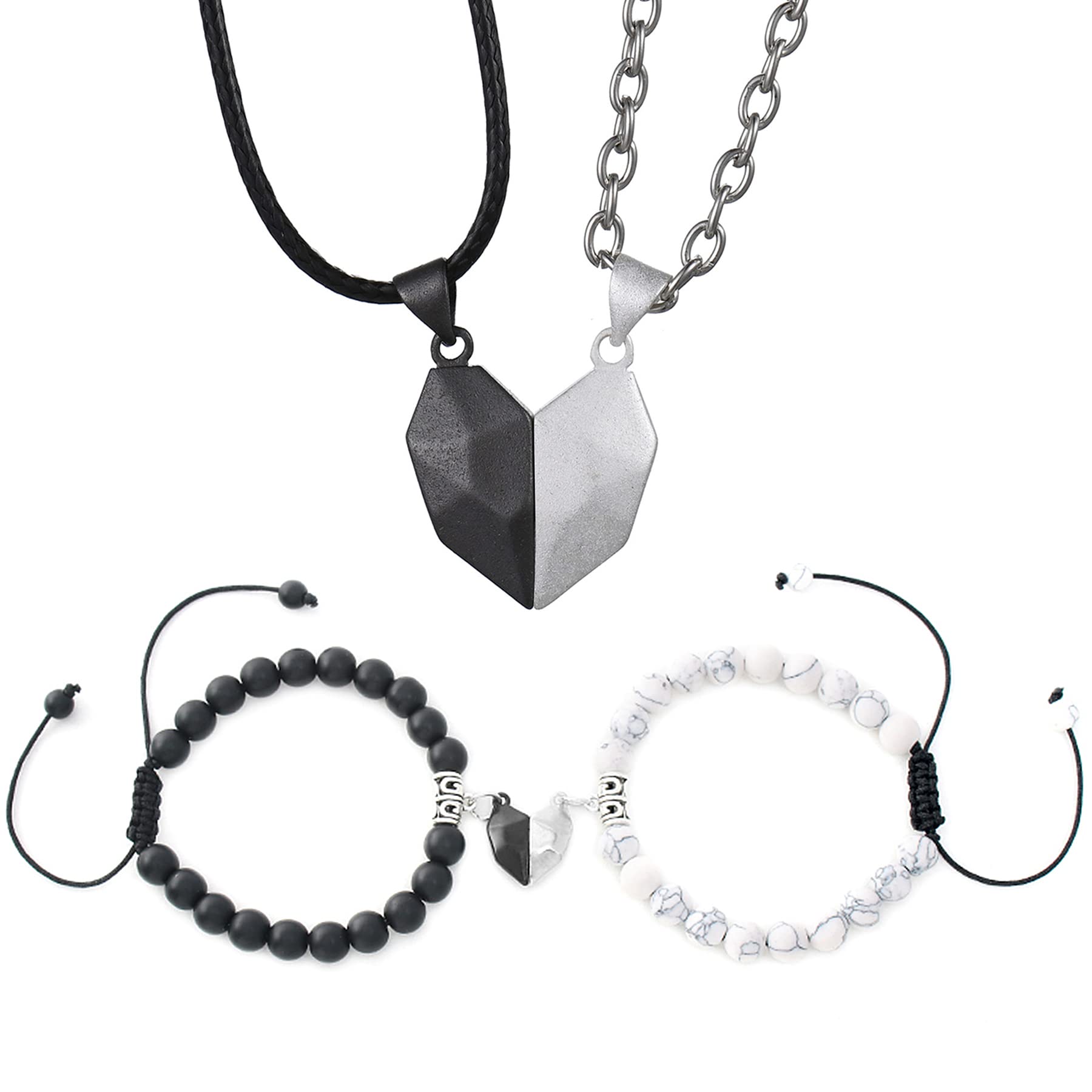 **Cupimatch 4 Pcs Heart Couple Matching Necklaces & Bracelets Set - His and Hers Love Pendant Beaded Relationship Jewelry for Anniversaries, Valentine's Day & Romantic Gifts**