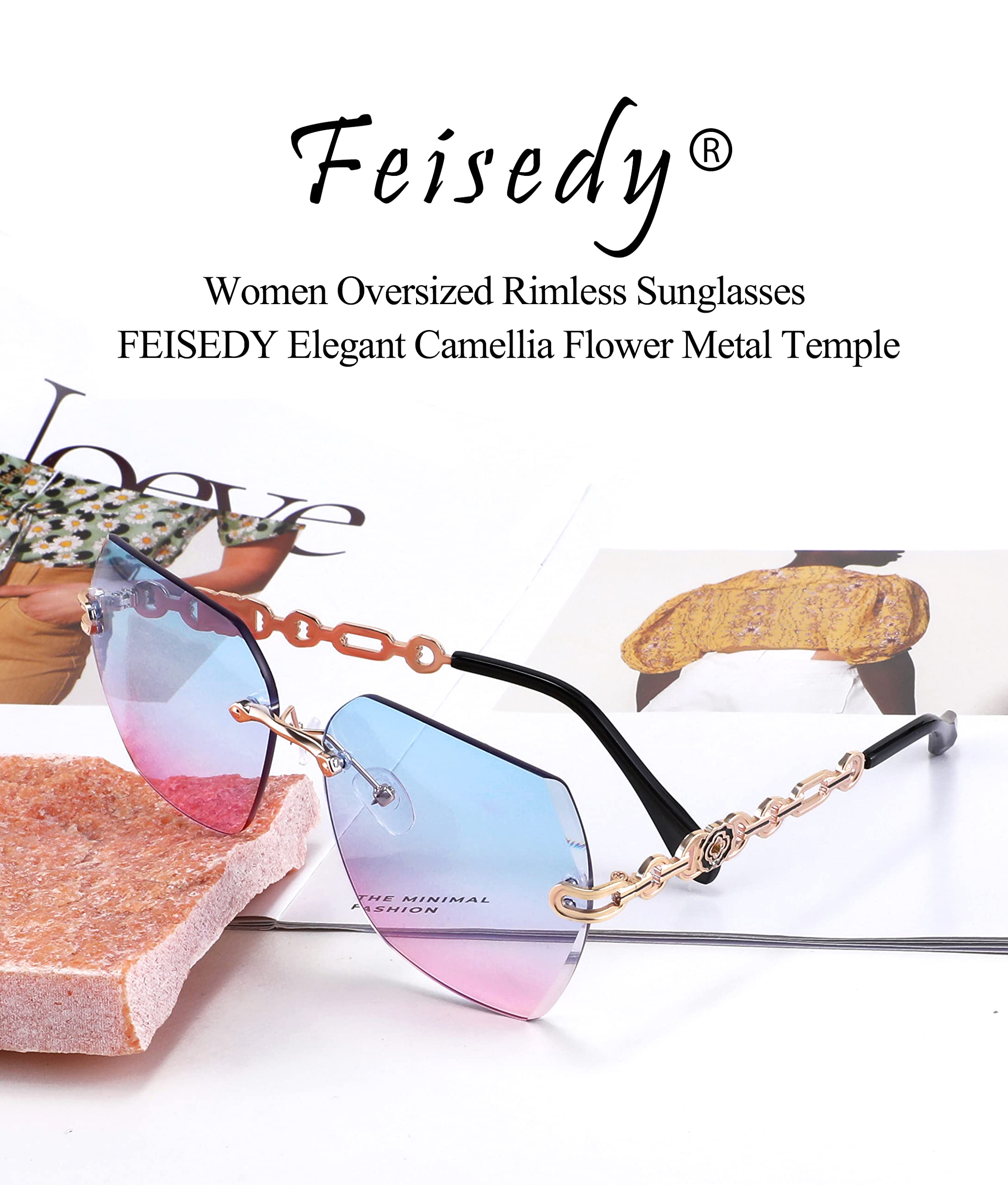 FEISEDY Women's Rimless Hexagonal Sunglasses with Gradient Lenses for Fashion Outfits