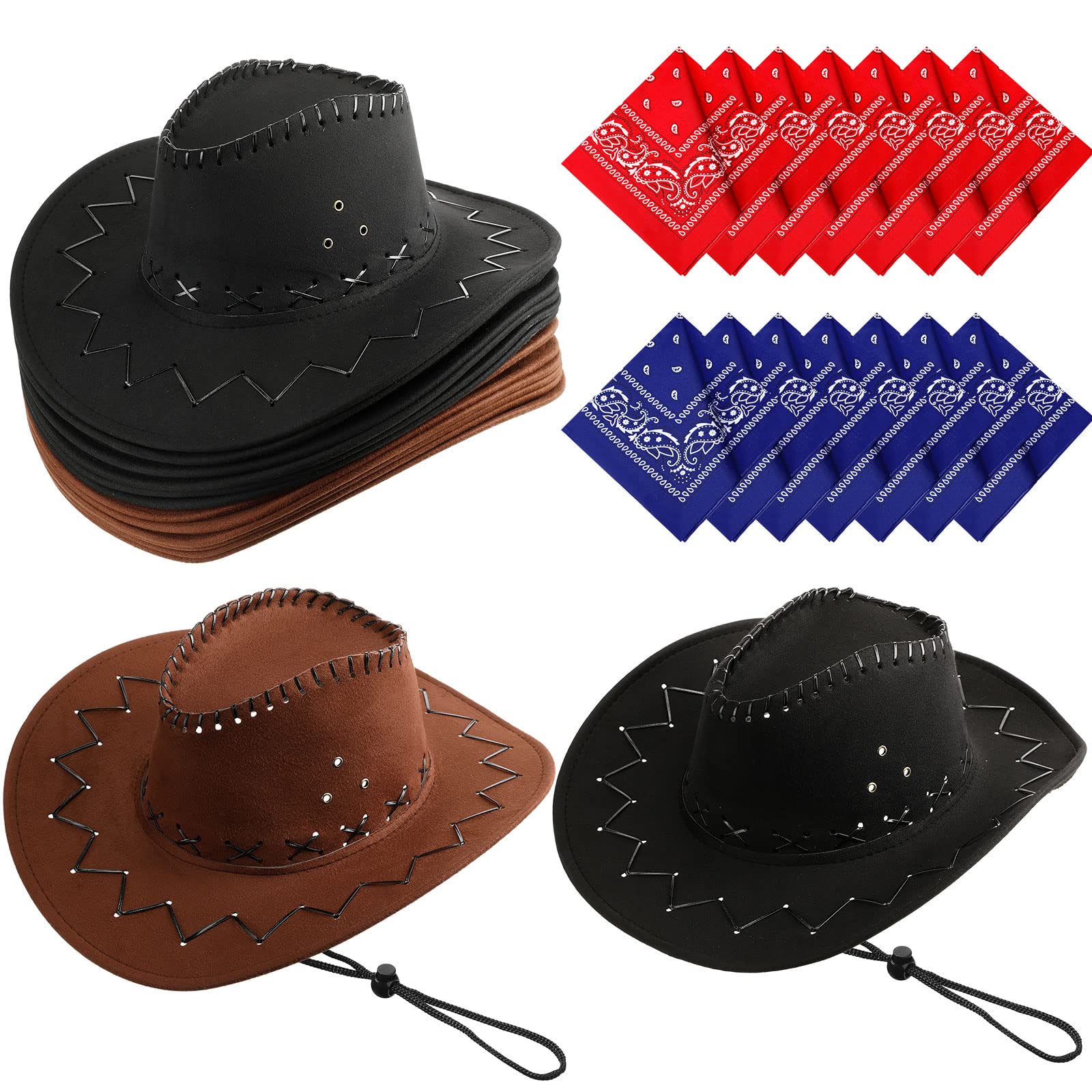 24 Pcs Cowboy Hats with Bandana - Western Party Hats for Cowboy Theme Party, Halloween Costume, Wild West Show & Rodeo Events - Bulk Pack for Kids & Adults
