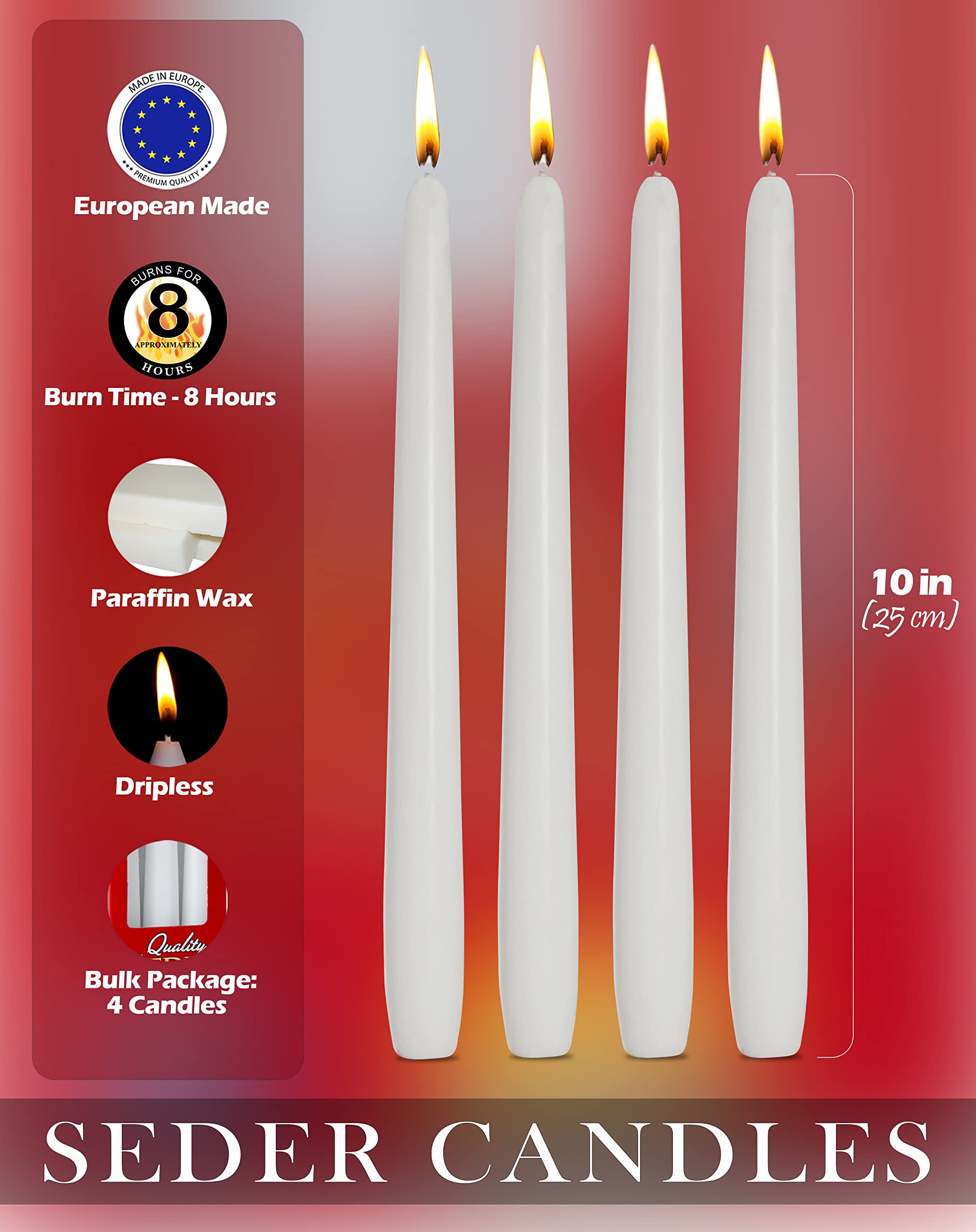 Premium Ner Mitzvah Passover Seder Candles - 8 Hour Long-Lasting Burn - Handcrafted in Europe - Set of 4 Elegant Taper Candles for Jewish Holidays & Special Occasions