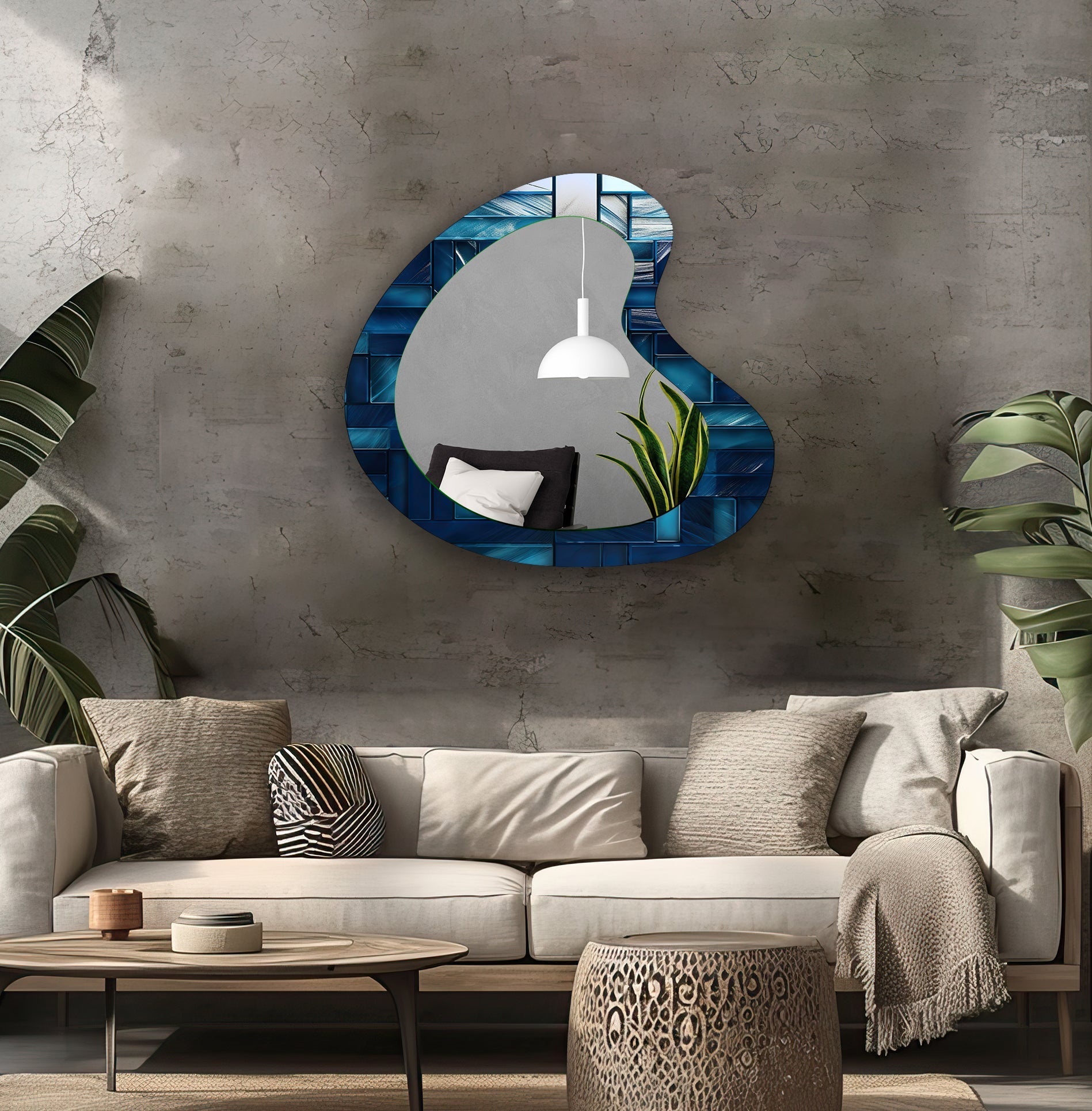 Blue Mosaic Tiles Modern Wall Mirror - Handcrafted Bathroom Vanity Mirror with Stainless Steel Frame - Perfect for Bathroom, Bedroom, and Living Room Décor