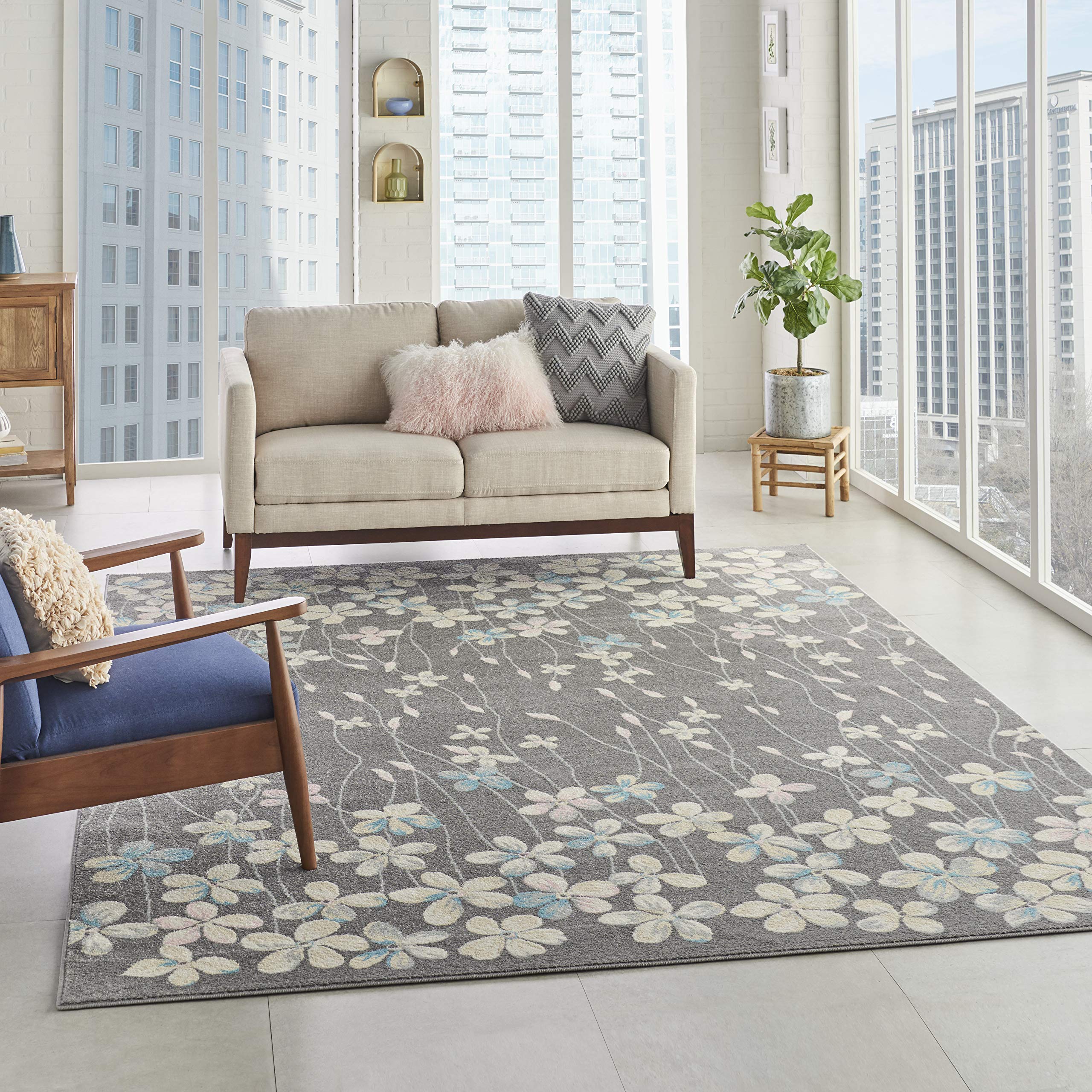 Nourison Tranquil Floral Grey/Beige 8' x 10' Area Rug - Easy to Clean, Non-Shedding, Soft & Durable - Perfect for Bedroom, Living Room, Dining Room & Kitchen Decor (8x10)
