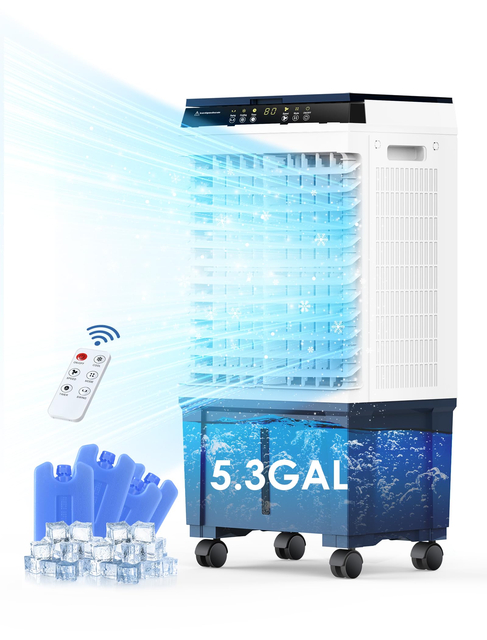 1800 CFM Evaporative Air Cooler with 5.3 Gal Tank - 3 Speed, 110° Swing, Remote & Timer - Portable Swamp Cooler for Indoor, Outdoor, Patio, Garage, Bedroom & Office Cooling - Gray