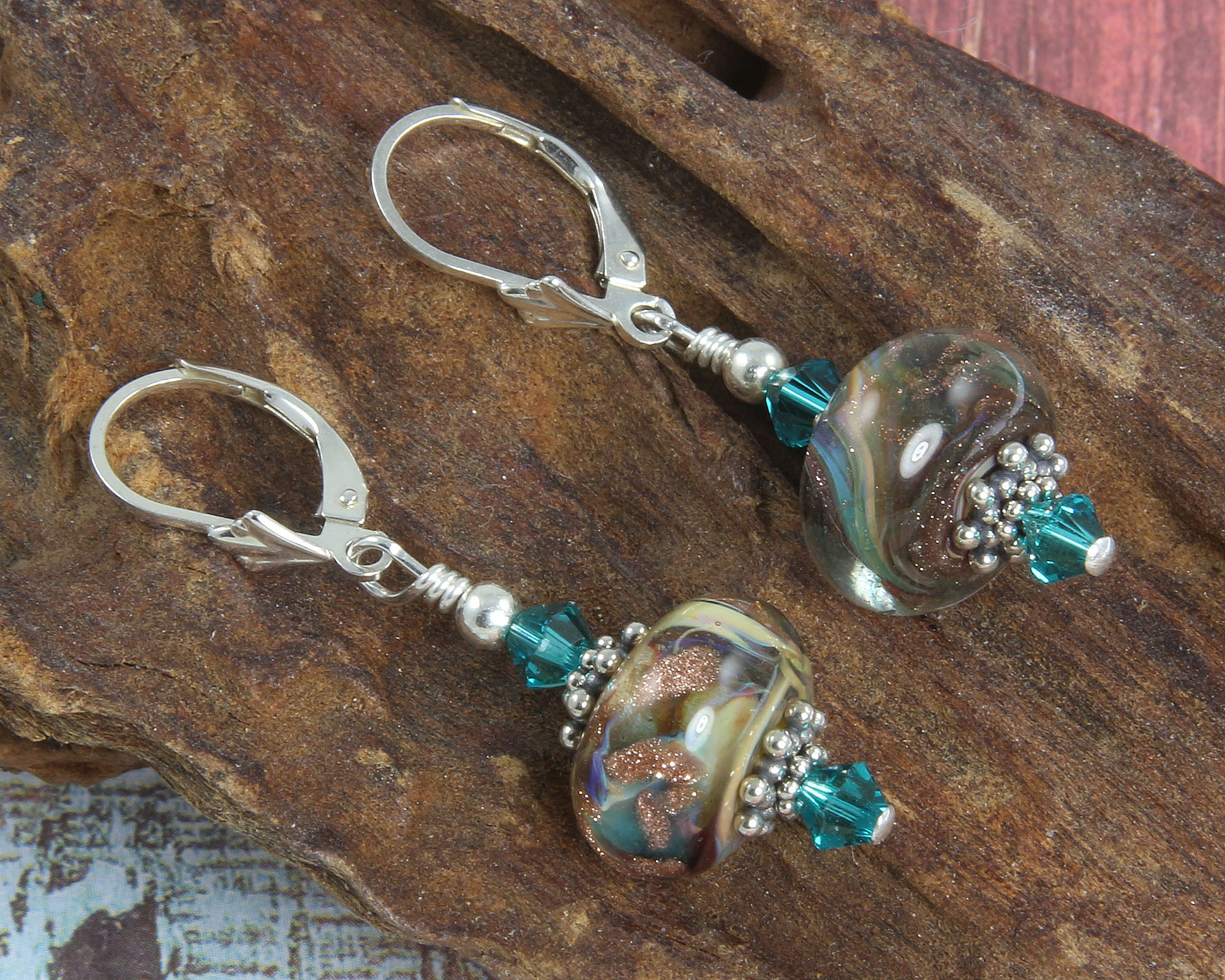 Teal Shimmering Goldstone Lampwork Earrings – Handmade Bohemian Jewelry for Women | Perfect for Parties, Weddings & Special Occasions