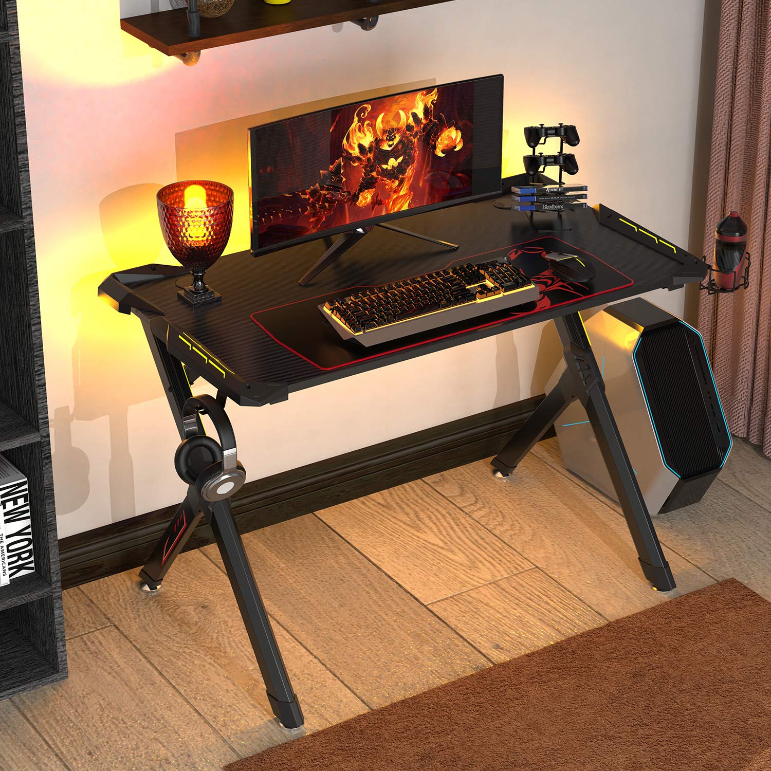 44.8 Inch DESIGNA LED Gaming Desk - Ergonomic E-Sport Computer Desk with USB Handle Rack, Cup Holder & Headphone Hook | Includes Free Mouse Pad | Perfect for Home Office, Streaming & PC Gaming Setup (Black)