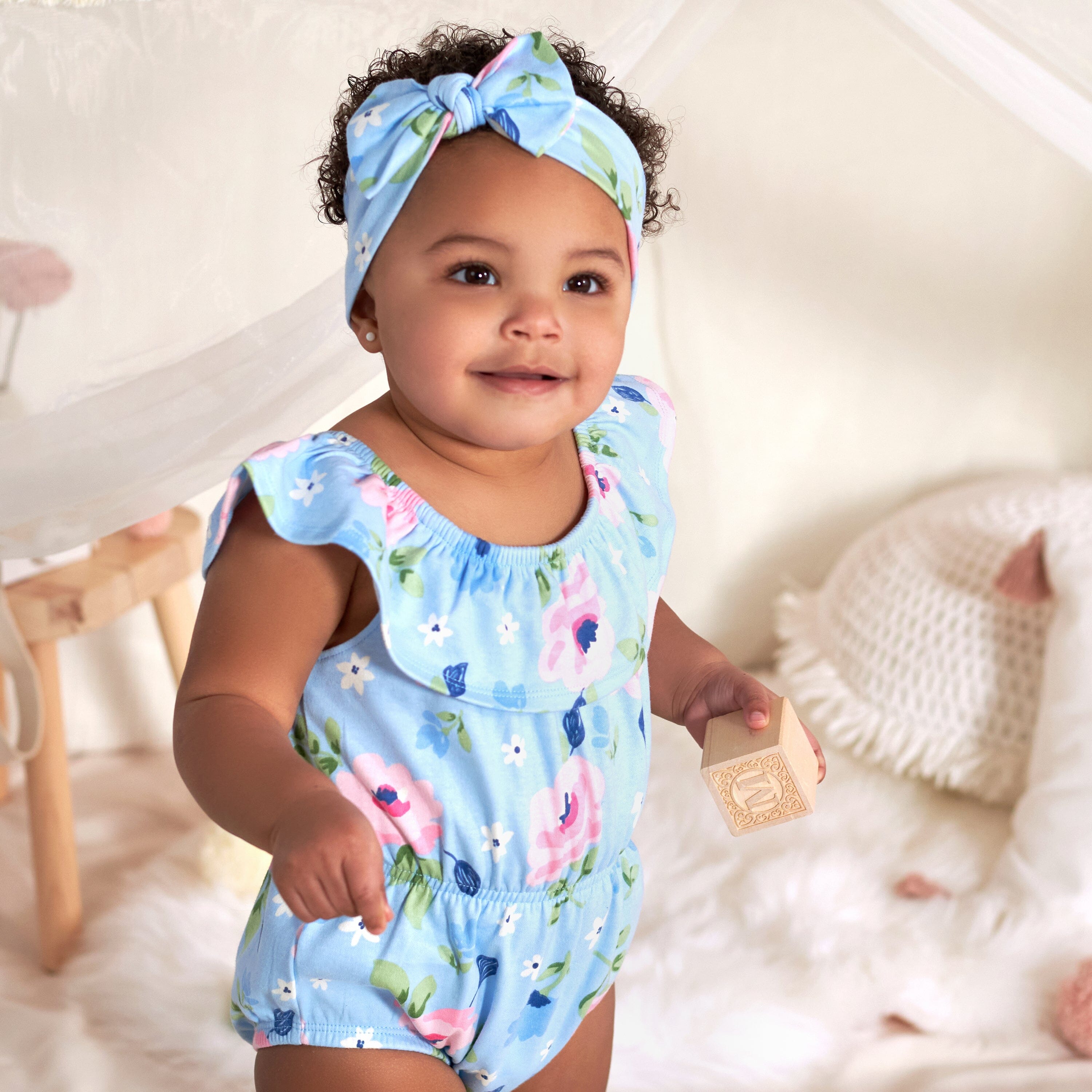 2 Piece Baby Girls Periwinkle Garden Wide Neck Sunsuit Romper & Headband Set - Cute Summer Outfit for Newborns, Infants - Perfect for Beach, Park, and Outdoor Family Photos
