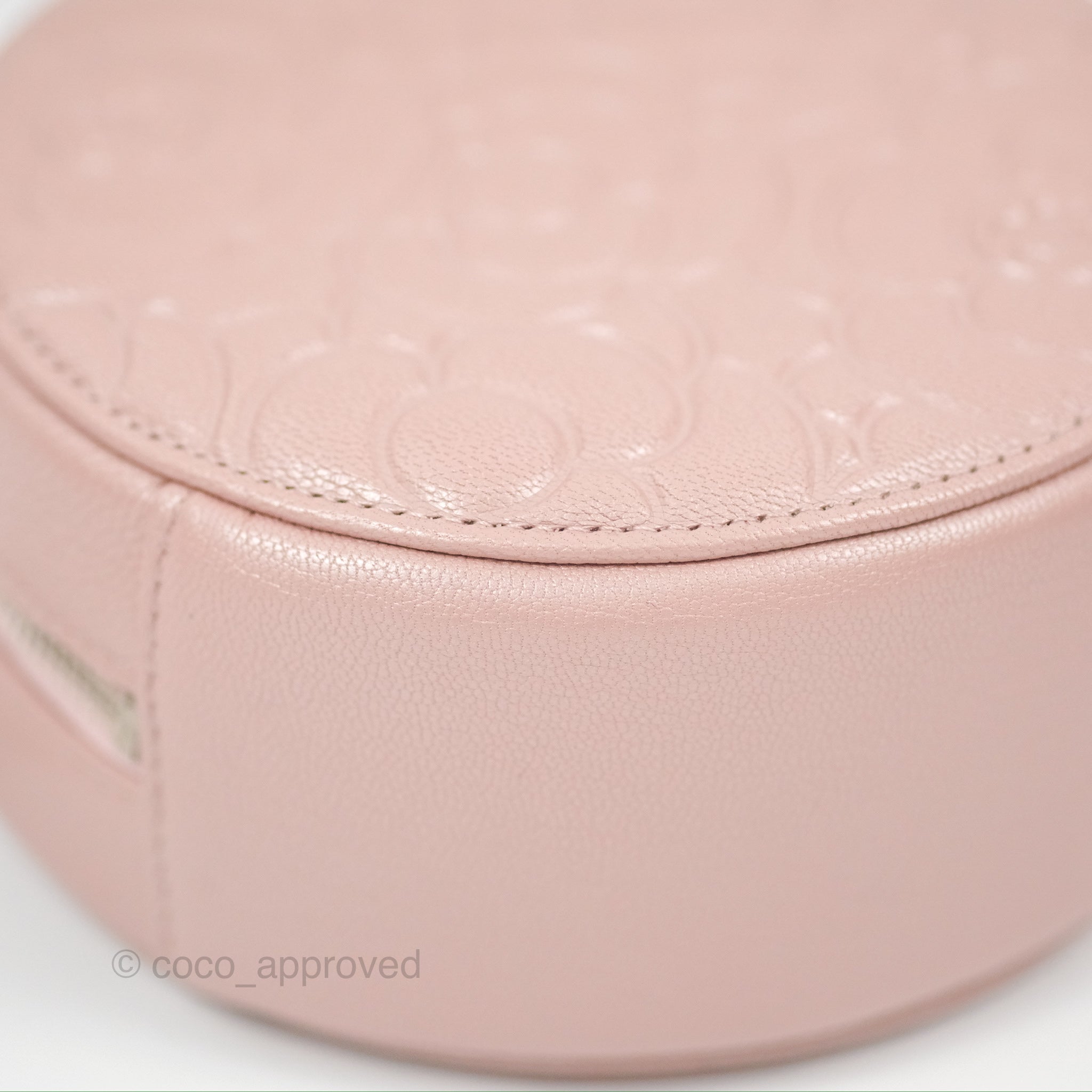 Chanel Camellia Embossed Round Clutch Bag with Chain - Iridescent Light Pink Goatskin Leather & Silver Hardware | Evening Party, Wedding, Special Occasion Accessory
