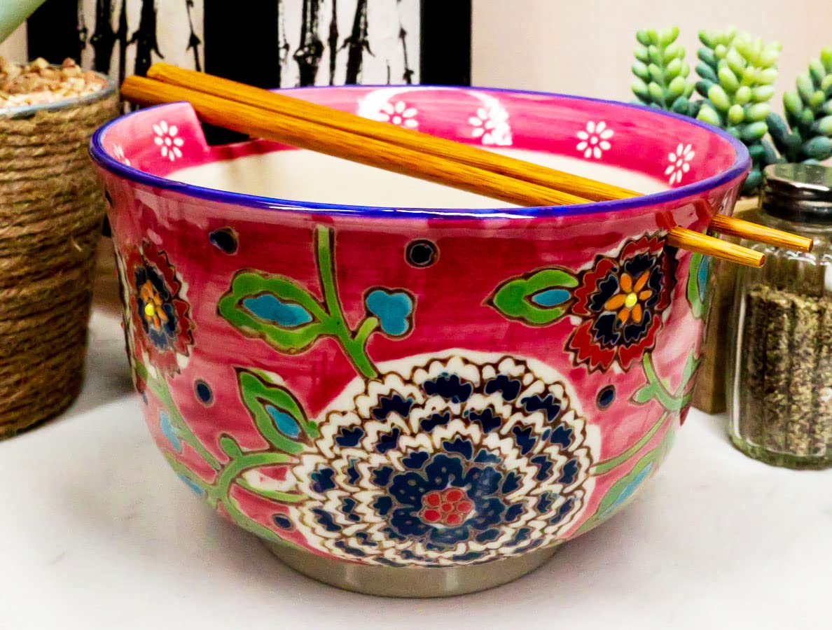 **Ebros Mandala Floral Pink Polkadot Ramen Udon Noodle Soup Bowl Set – 6.25
