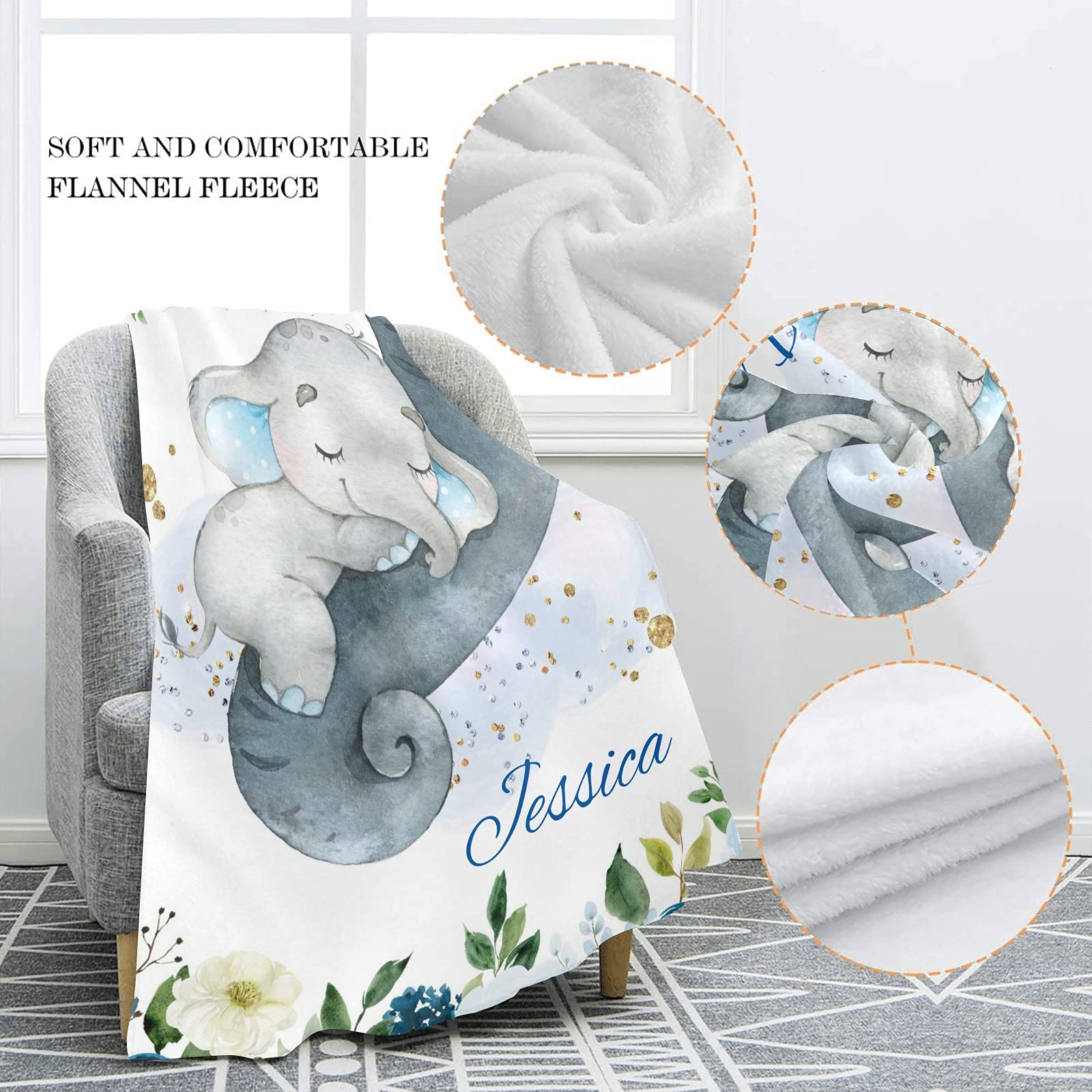 Personalized Baby Blanket with Blue Floral Elephant Design - Custom Name Soft Fleece Swaddling Blanket 30