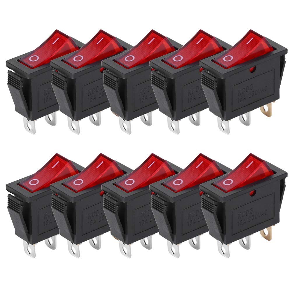 FTVOGUE 10-Pack 3-Pin Rocker Switch ON/OFF with Red LED - 2-Position Toggle Switch for Car, Boat, RV & Household Appliances | KCD3 Series Electronic Components | Perfect for Automotive Dashboards, Marine Control Panels & DIY Electronics Projects