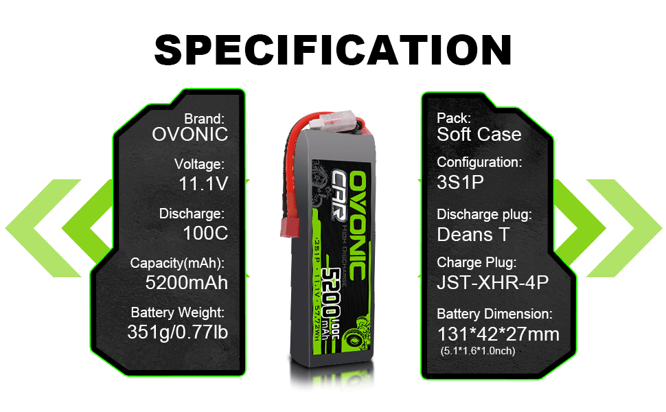 Ovonic 100C 3S1P 5200mAh 11.1V LiPo Battery with Deans Plug - 2 Pack for RC Cars, Drones, and High-Performance RC Vehicles | Long Lasting Power for Racing and Off-Road Adventures