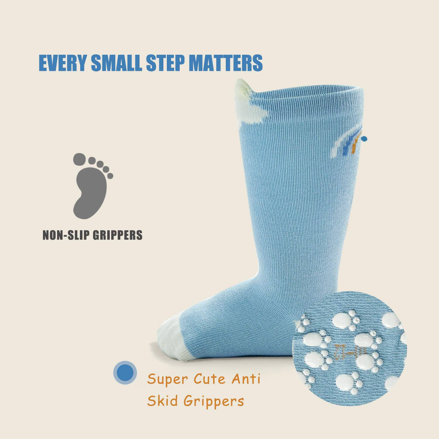 Moon Tree Baby Non-Slip Socks for Girls & Boys - Soft Cotton Knee High Socks with Anti-Skid Grips - Perfect for Crawling, Walking & Playtime