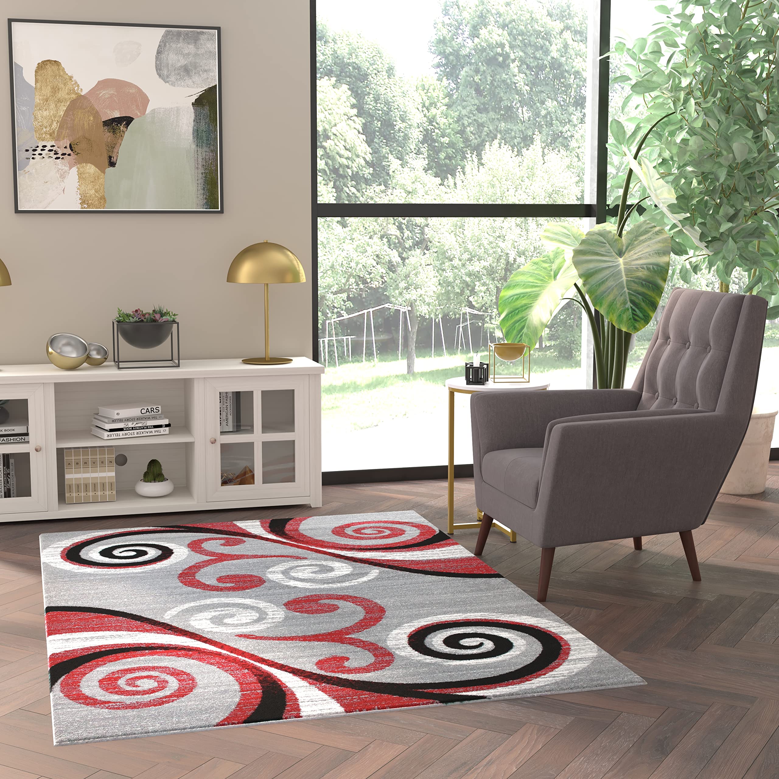 EMMA + OLIVER Helix 5x7 Ultra Soft Plush Pile Olefin Accent Rug - Scraped Look in Red, Gray, Black & White Swirl Pattern with Jute Backing | Perfect for Living Room, Bedroom or Office Decor