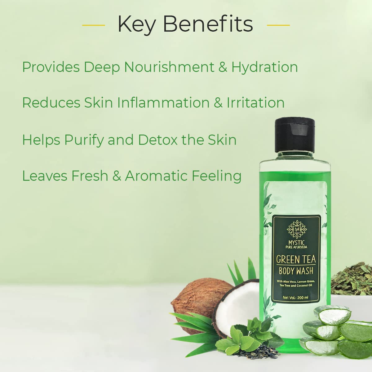 Mystic Pure Ayurveda Green Tea & Lemongrass Body Wash - Skin Purification & Hydration with Tea Tree & Coconut Oil (13.5 fl oz) | Refreshing Daily Shower Gel for Dry & Sensitive Skin