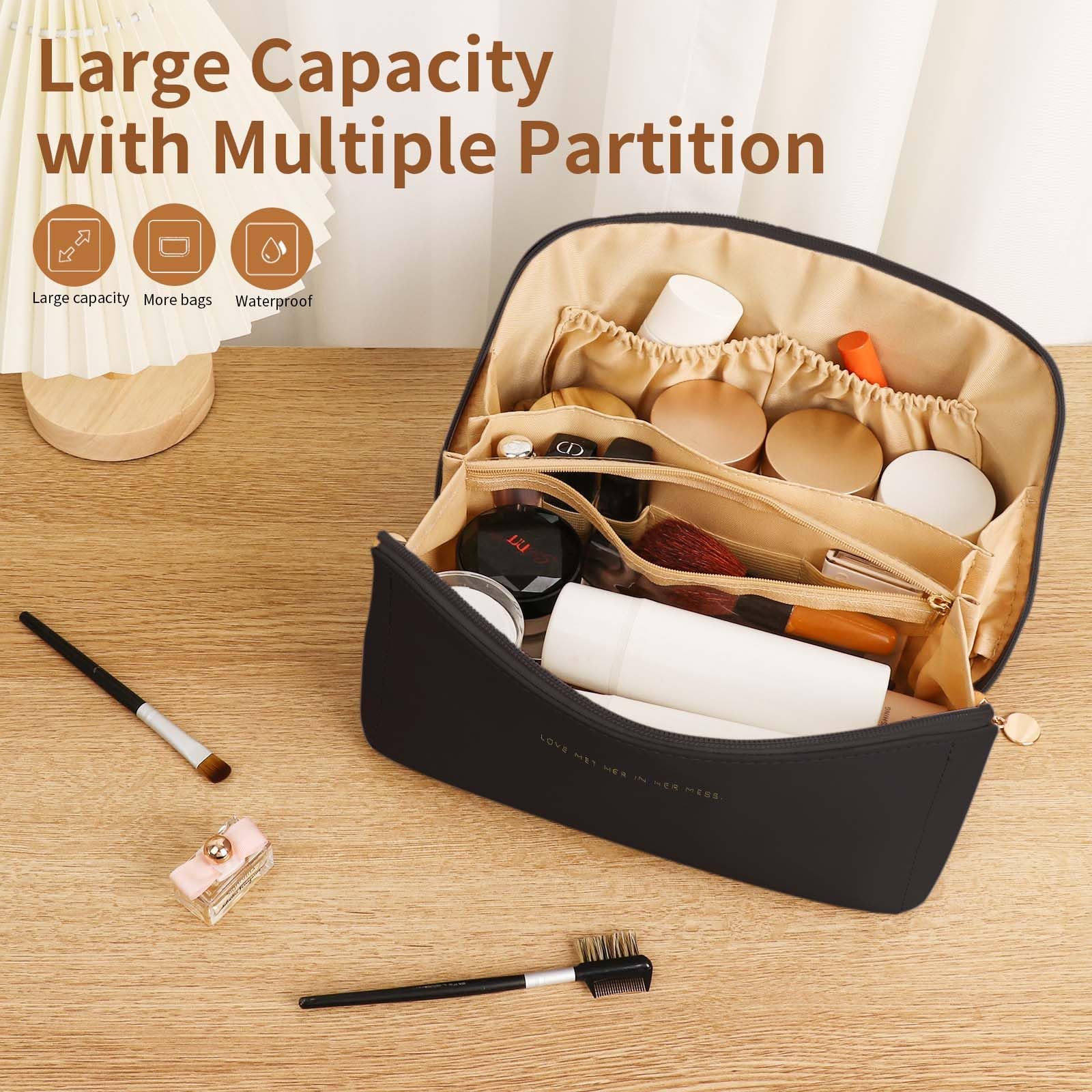 Waterproof PU Leather Travel Makeup Bag for Women - Large Capacity Cosmetic Organizer with Dividers & Handle, Wide Open Flat Toiletry Case | Perfect for Air Travel, Gym, Vacation & Daily Use