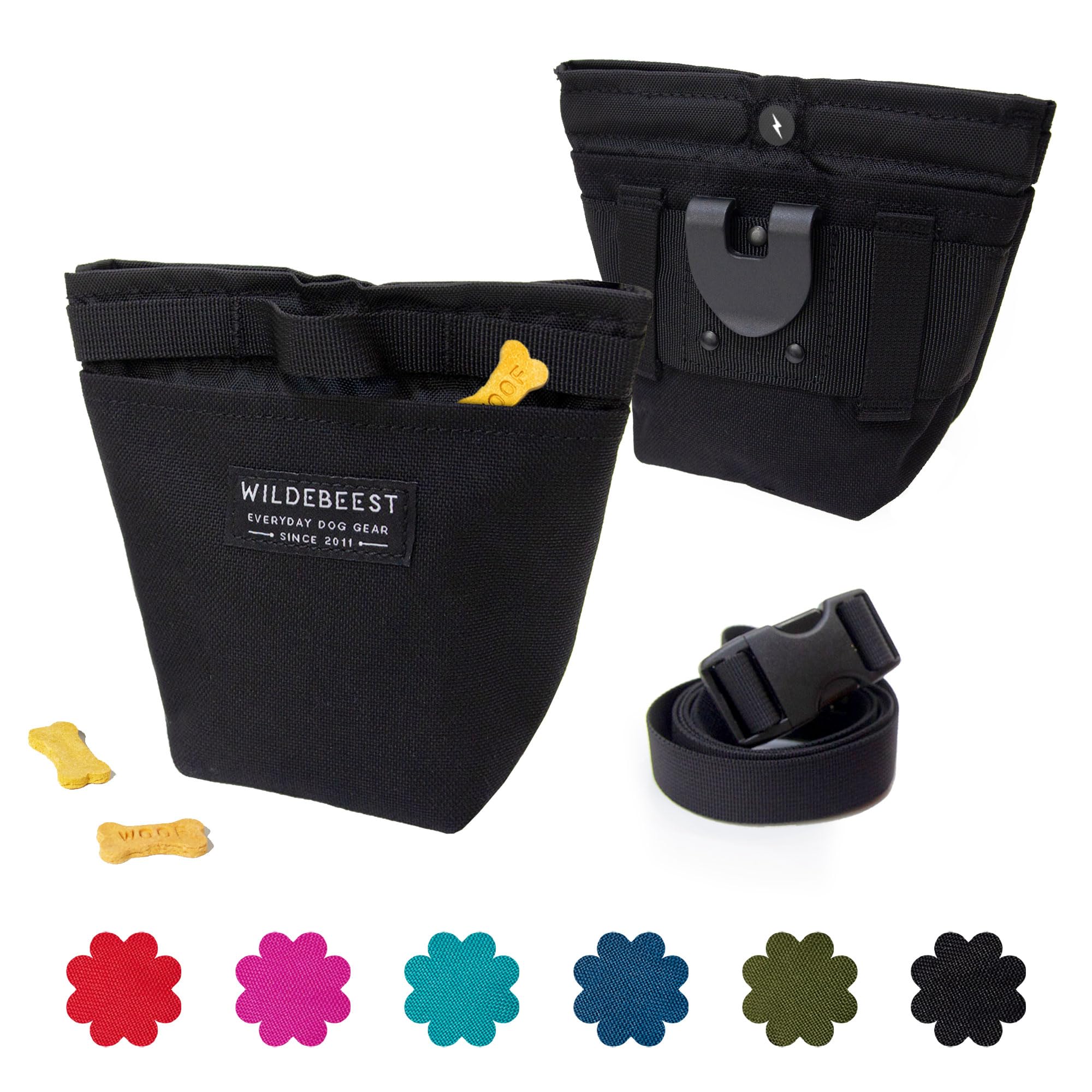 Wildebeest Dog Treat Pouch - Durable Dog Training & Travel Bag with Magnetic Closure - 2 Water-Resistant Compartments - Detachable Waist Strap & Belt Clip - Perfect for Outdoor Adventures, Walks & Pet Training