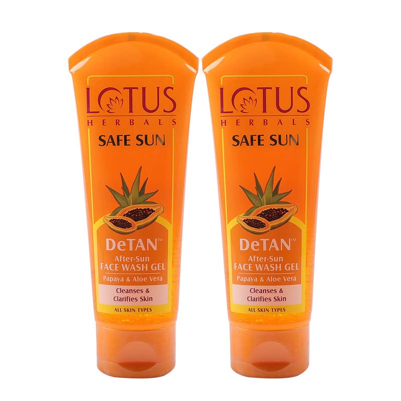 Lotus Herbals Safe Sun DeTAN After-Sun Face Wash Gel with Papaya & Aloe Vera - Natural Ingredients for All Skin Types | 100g (Pack of 2) | Soothes Sunburn & Refreshes Skin After Beach, Pool or Outdoor Activities