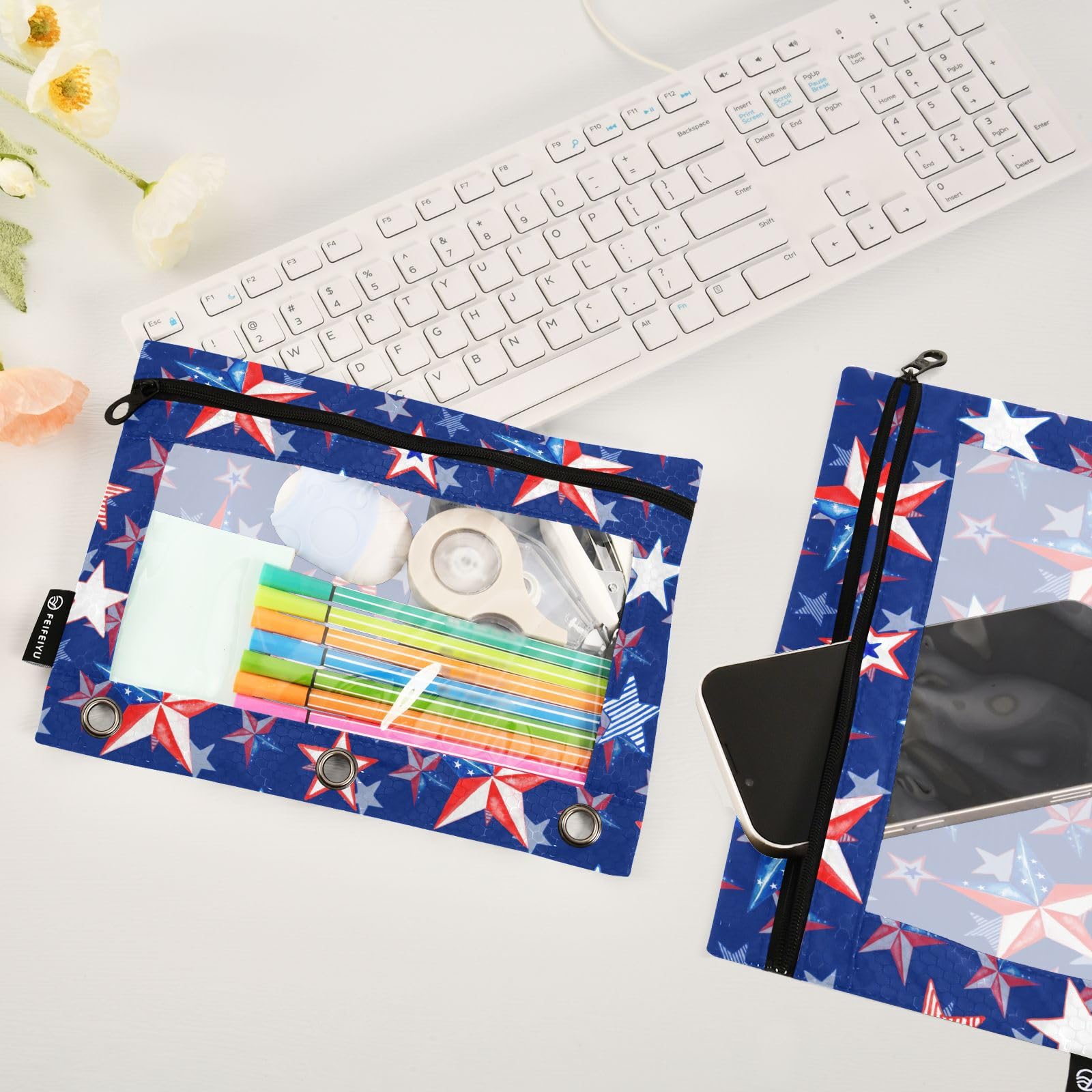 USA Stars Watercolor Pencil Pouch - 2 Pack Zippered Binder Pouch with Clear Window for 3-Ring Binders | Patriotic 4th of July School & Office Supplies | Perfect for Students, Teachers & Home Organization