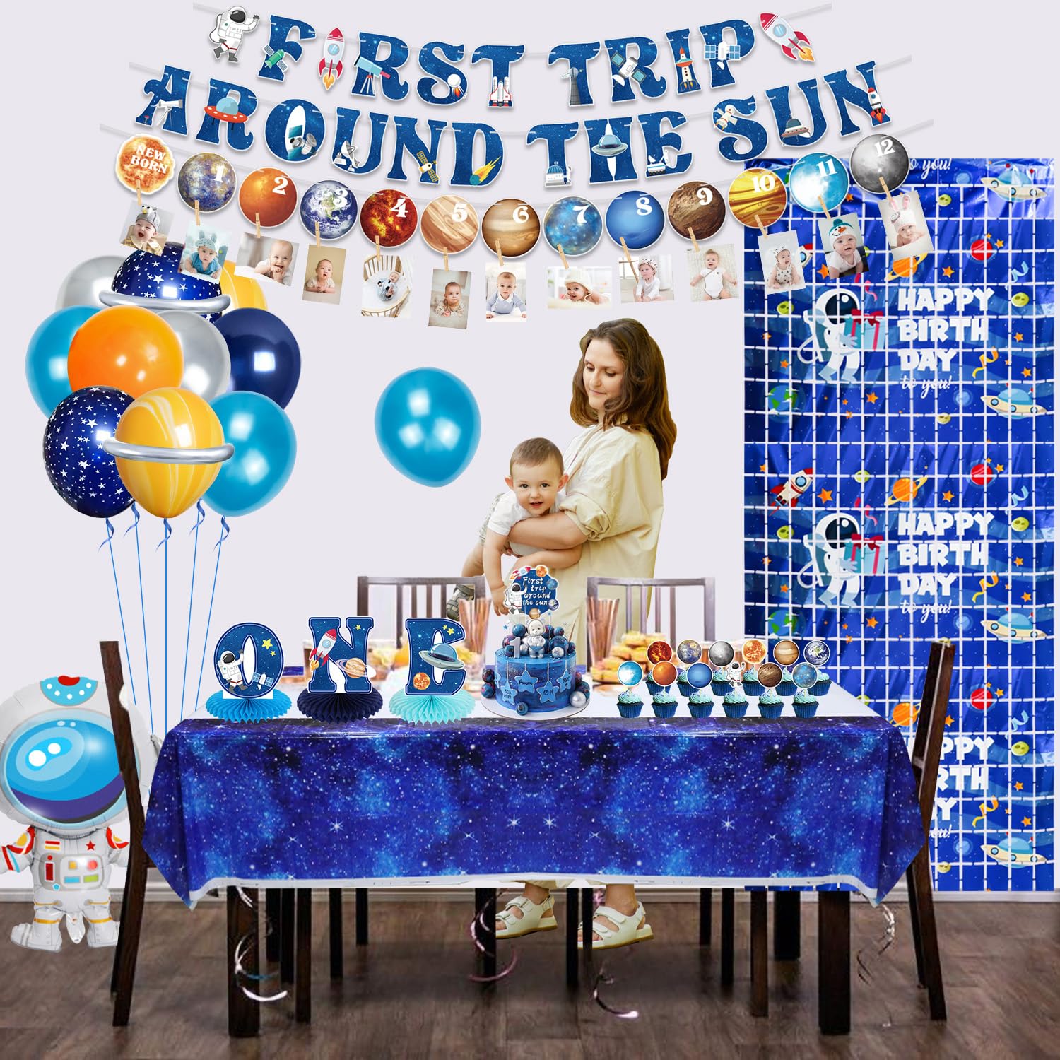 Outer Space 1st Birthday Party Decorations Set - First Trip Around The Sun Banner, Planet Monthly Photo Banner, Honeycomb Centerpiece, Cake Toppers & Balloons - Perfect for Kids' Space-Themed Birthday Party Decor & Photo Backdrop