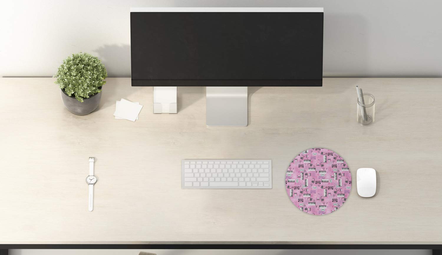 Ambesonne Pink Round Mouse Pad - Vintage Cassette & Headphones Retro Design, Non-Slip Rubber Base for Computer & Gaming, 8 Inch - Perfect for Office, Home & Gaming Setup