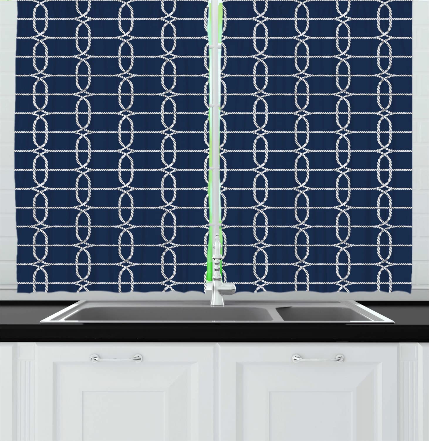 Ambesonne Nautical Kitchen Curtains - Blue and White Maritime Design with Sailor Knots, 55