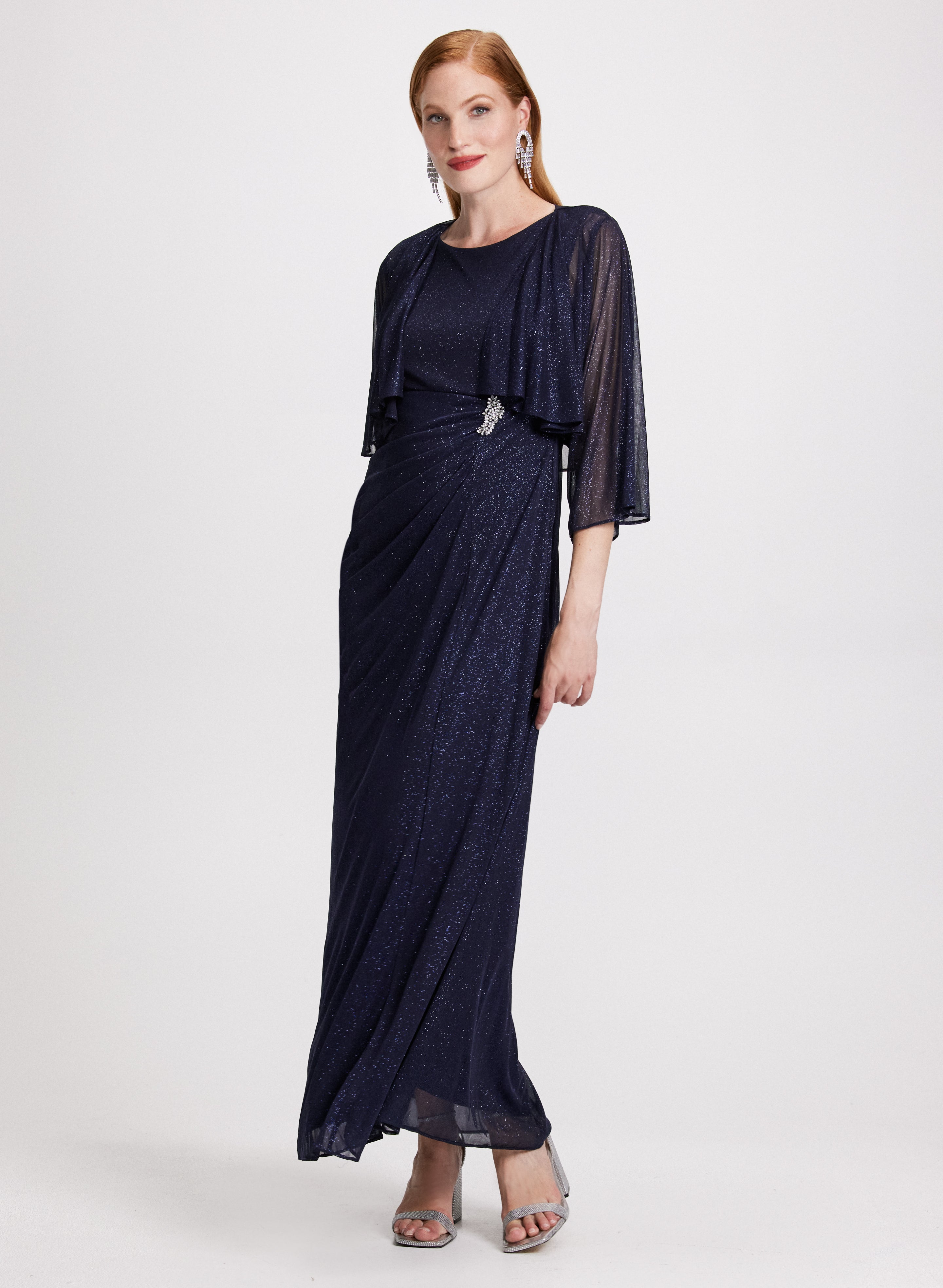 Cascade Jacket & Jewel Detail Dress - Women's Elegant Outerwear & Party Dress for Evening Events, Date Nights & Special Occasions