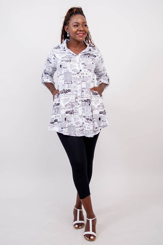 Celine Blouse Women's French News Print Linen Bamboo Shirt - Elegant Summer Top for Office, Date Night & Casual Outings