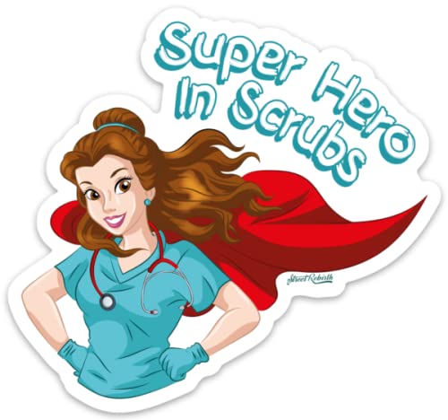 Super Hero In Scrubs Sticker - 4 Inch Waterproof Vinyl Decal for Laptop, Water Bottle, Car & Skateboard - Funny Gift Idea for Nurses & Medical Professionals - Perfect for Hospital Workers, Healthcare Heroes & Medical Students