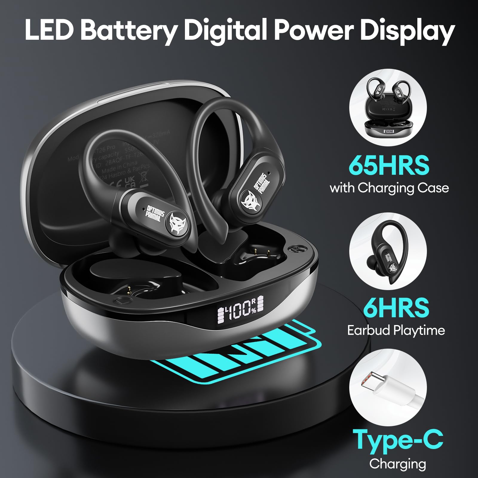 TF-T26Pro Scourge Wireless Earbuds - Bluetooth 5.4 Headphones with 65H Playtime, Deep Bass & Power Display | IPX5 Waterproof for Running, Workout, Sports & Office Use