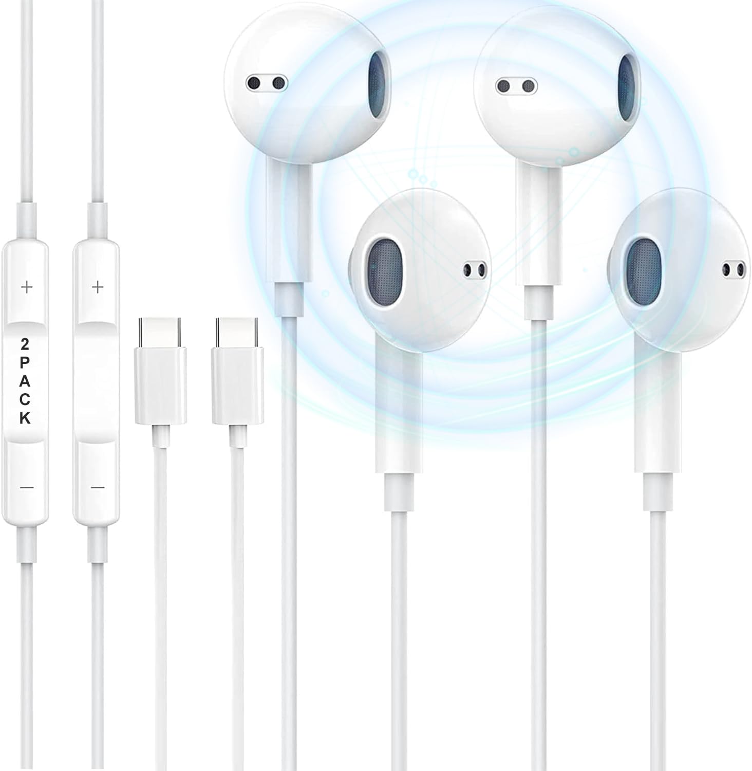 2 Pack USB C Headphones with Microphone & Volume Control - Noise Cancelling Type C Earphones for iPhone 15/Pro Max, iPad Pro, Pixel 8, Galaxy S24 & USB-C Devices - Perfect for Travel, Workouts & Commuting