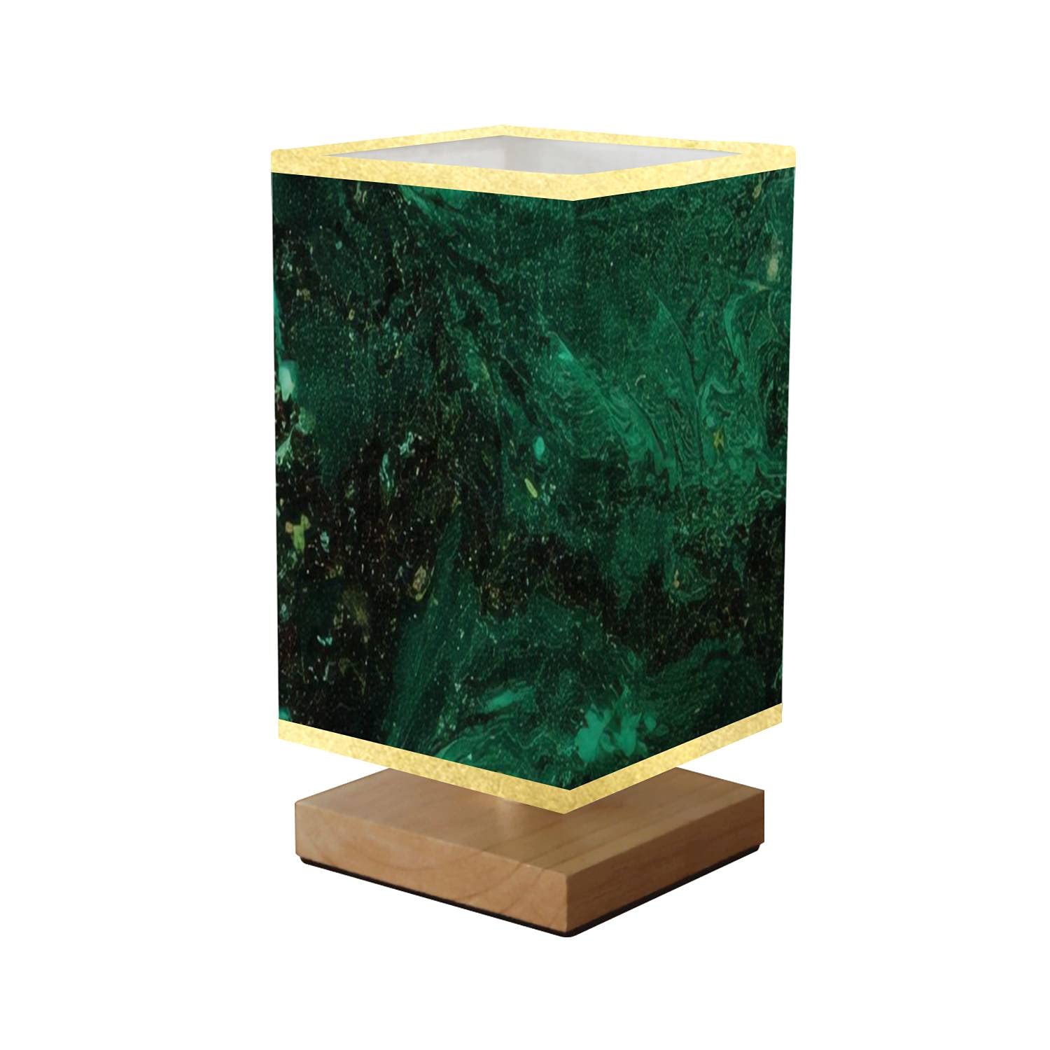 Abstract Emerald Green & Black Marble Texture Dimmable Nightstand Lamp with Wooden Base & Flaxen Fabric Shade - Perfect for Bedroom, Living Room & Office Lighting