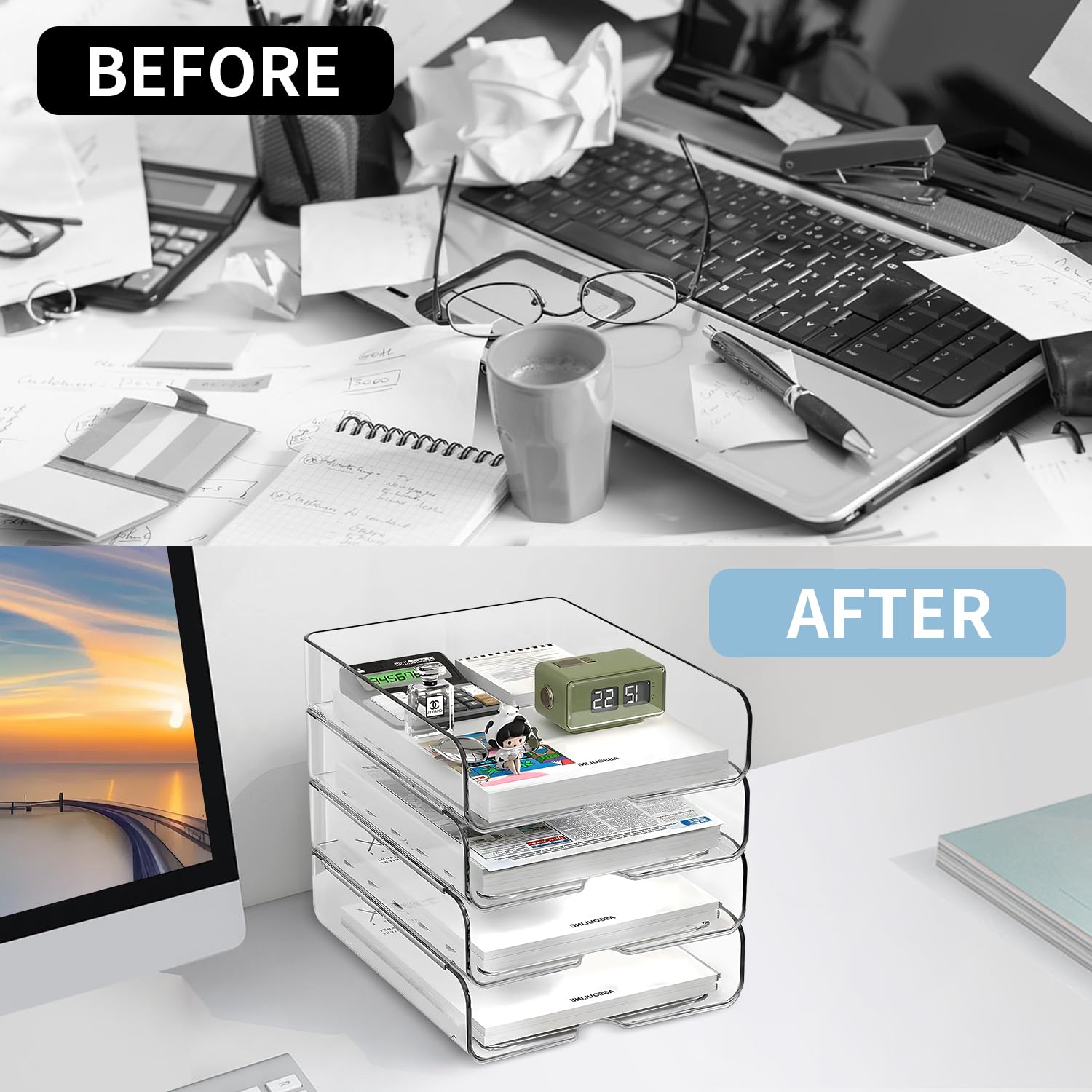 4-Tier Clear Stackable Paper Organizer for Desk - A4 File Storage Tray for Office Supplies, Documents & Mail - Perfect for Home Office, School & Workspace Organization