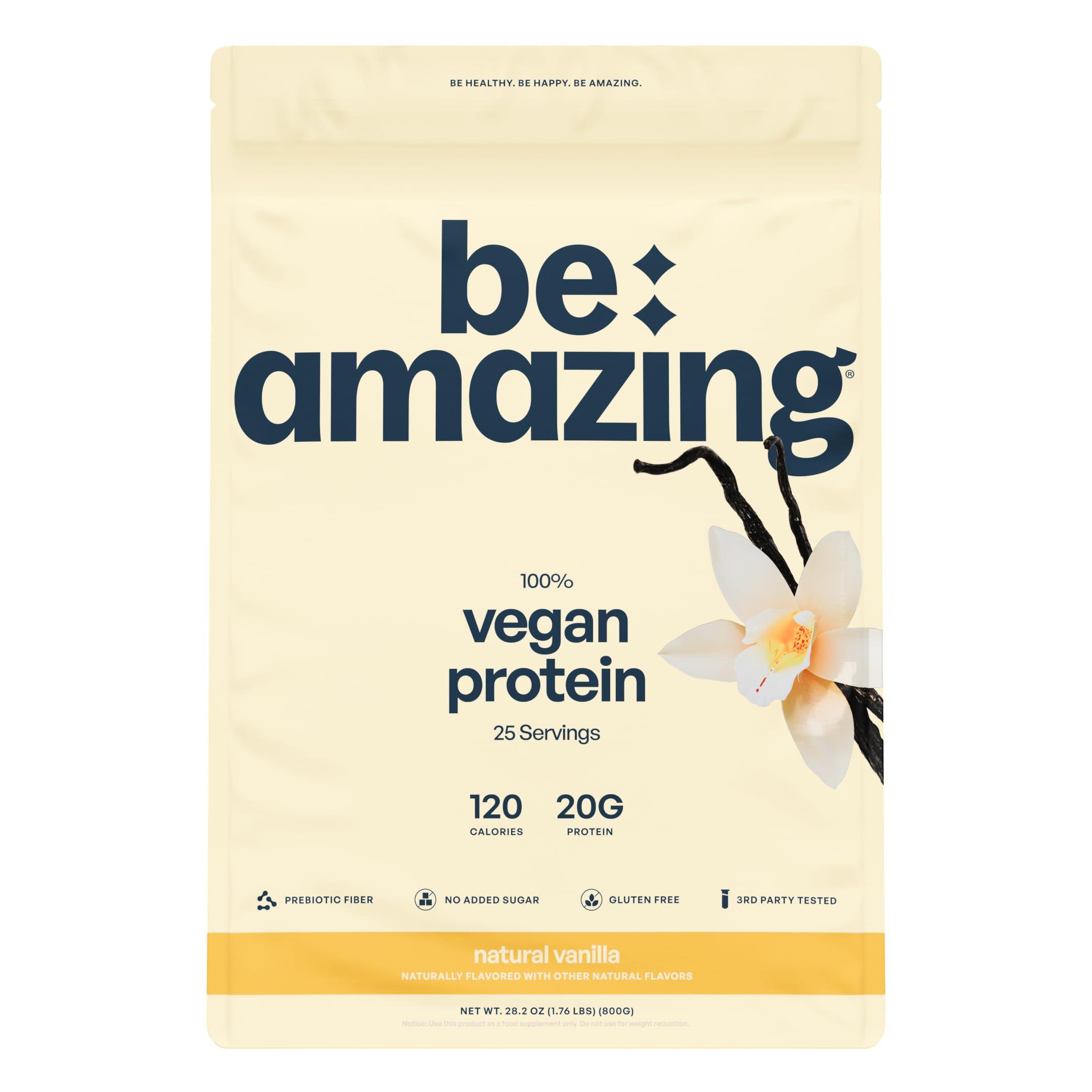 Be Amazing Vegan Protein Powder - 20g Plant-Based Protein with Prebiotics Fibers | Sugar-Free, Gluten-Free, Low Carb, Non-Dairy Shake Mix | Natural Vanilla Flavor, 25 Servings | Perfect for Post-Workout Recovery & Healthy Smoothies