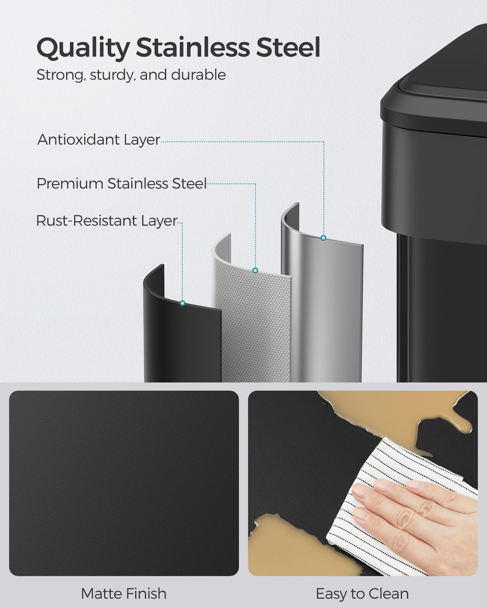 SONGMICS 10.5-Gallon (40L) Stainless Steel Kitchen Trash Can with Lid - Wide Foot Pedal, Soft Close & Stay Open Feature - Perfect for Home, Office & Restaurant Use - Black (ULTB541B40)