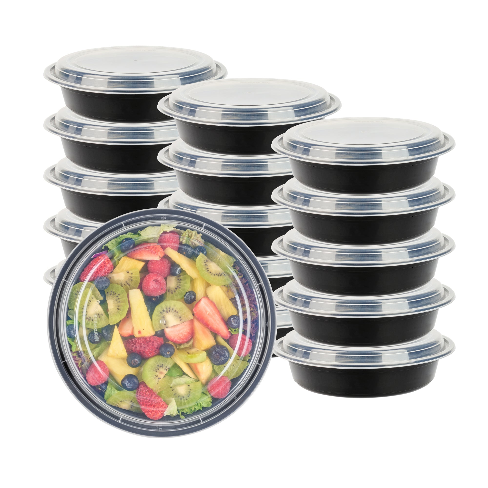 48 oz Round Black Plastic Food Storage Containers with Clear Lids - Microwave Safe, 9x9x1.75 Inches - 100 Pack Bulk Disposable Takeout Containers for Restaurants, Catering & Meal Prep